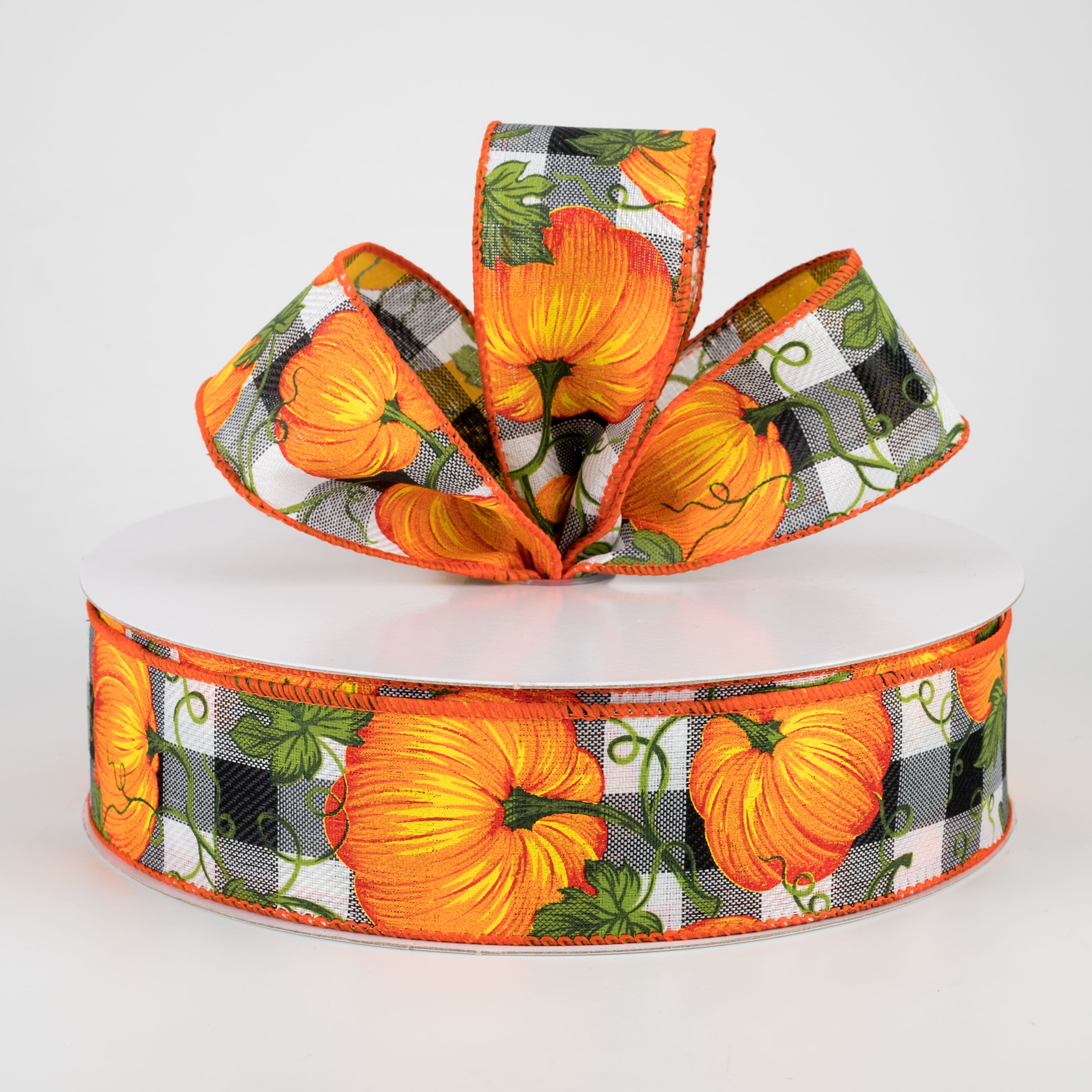 1.5 Inch Buffalo Plaid Ribbon with Orange Pumpkins - Black & White Checkered Pattern (50 Yards) for Fall Decorations, Gift Wrapping, and DIY Crafts
