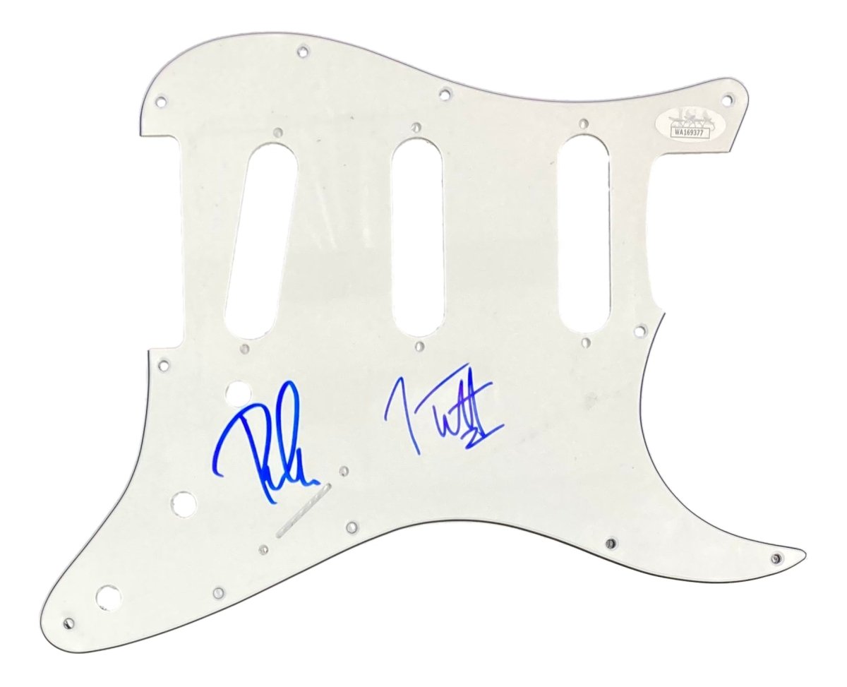 Def Leppard Signed White Guitar Pick Guard by Joe Elliott & Phil Collen - JSA Authenticated - Perfect for Rock Memorabilia Collectors & Music Fans
