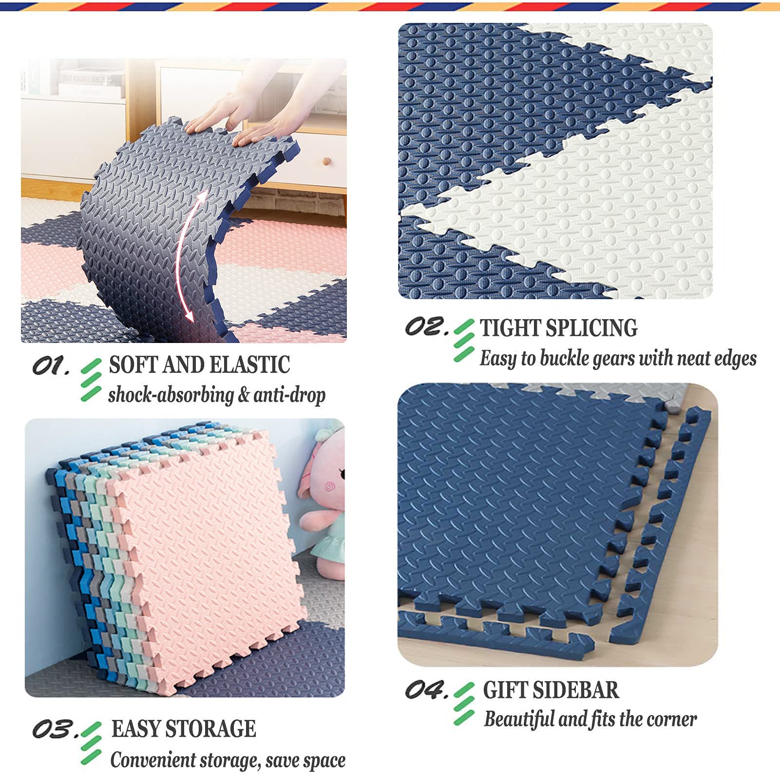 Interlocking EVA Foam Puzzle Play Mat for Kids - 16 Tiles for Baby Crawling & Yoga - Light Pink/Beige/Blue