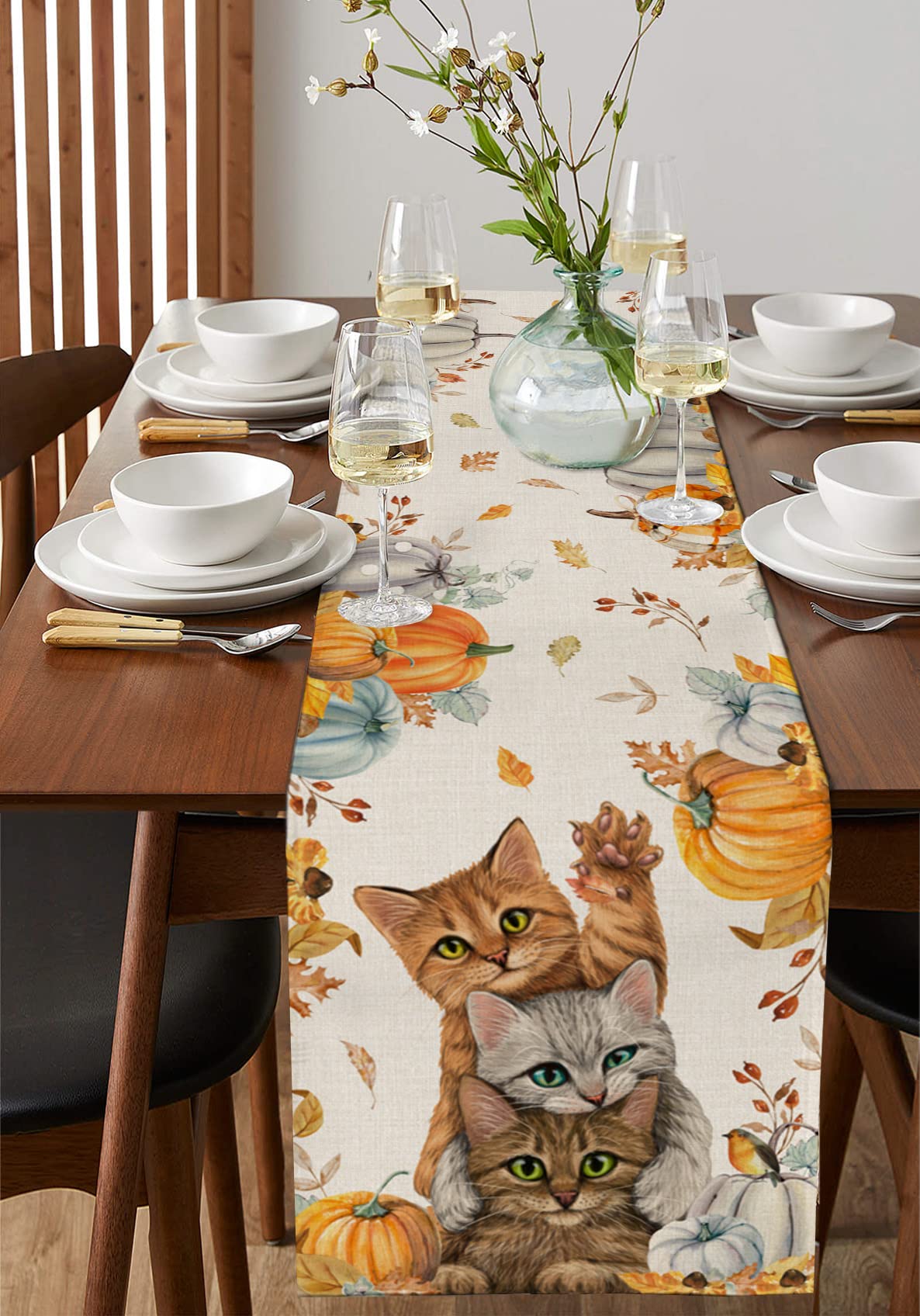 72 Inch Cotton Linen Table Runner - Thanksgiving & Fall Farmhouse Decor with Pumpkin Cats & Maple Leaf Design for Dining Table, Coffee Table, Wedding Party | Rustic Burlap Kitchen & Home Decoration Scarf
