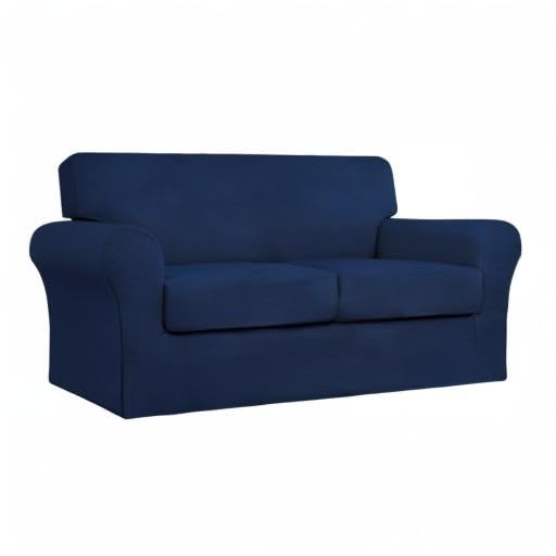 Stretch Sofa Cover for Dogs - 3 Piece Washable Couch Slipcover with Elastic Jacquard Fabric - Furniture Protector for Pets & Kids - Navy Blue Loveseat Size - Perfect for Pet Owners & Family Homes with 2-Cushion Couches