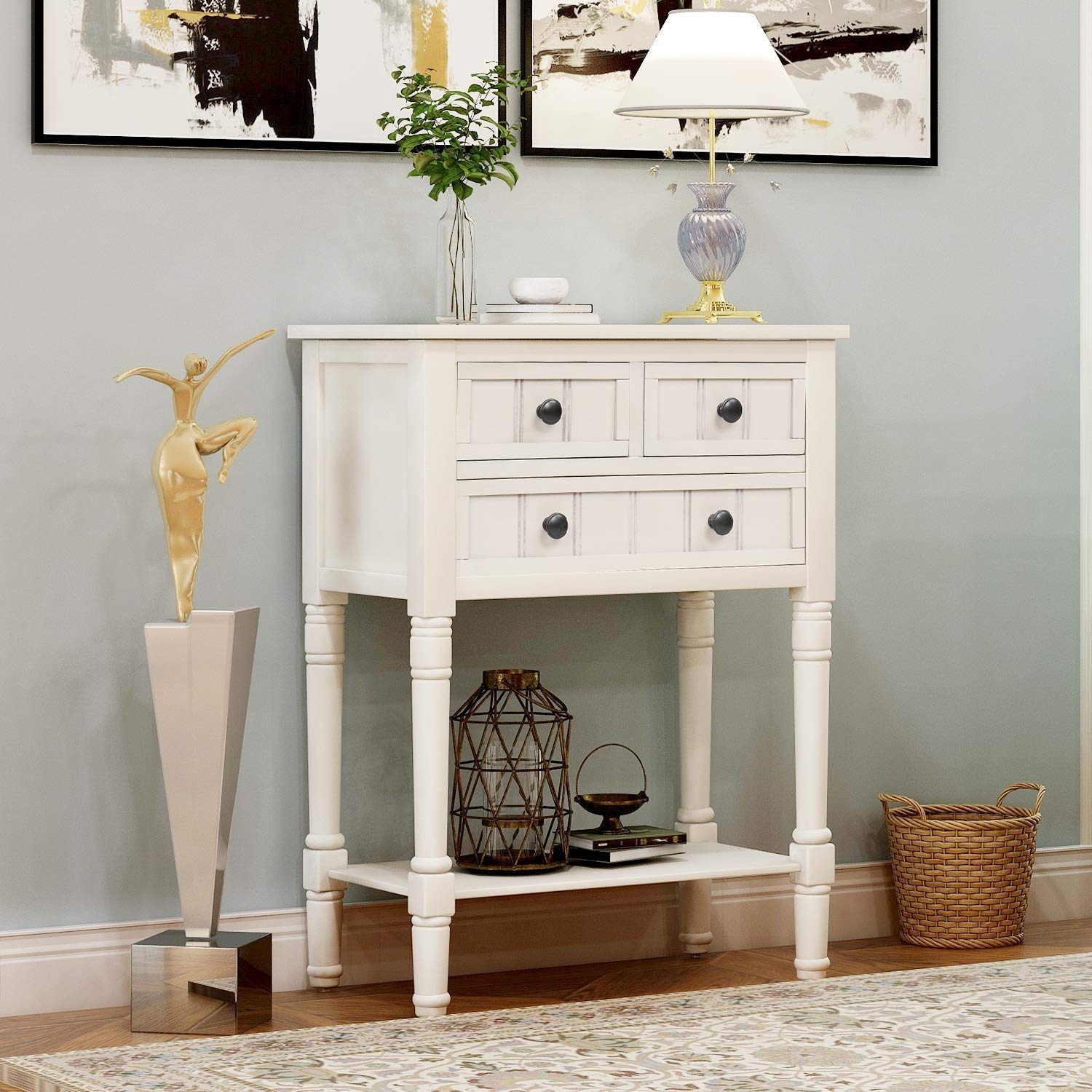 P PURLOVE Narrow Console Table - Farmhouse Style Slim Sofa Table with 3 Storage Drawers & Bottom Shelf | Wooden Entryway Table for Living Room, Hallway & Small Spaces | Easy Assembly in Ivory White | Perfect for Home Decor, Apartment & Entryway Organization