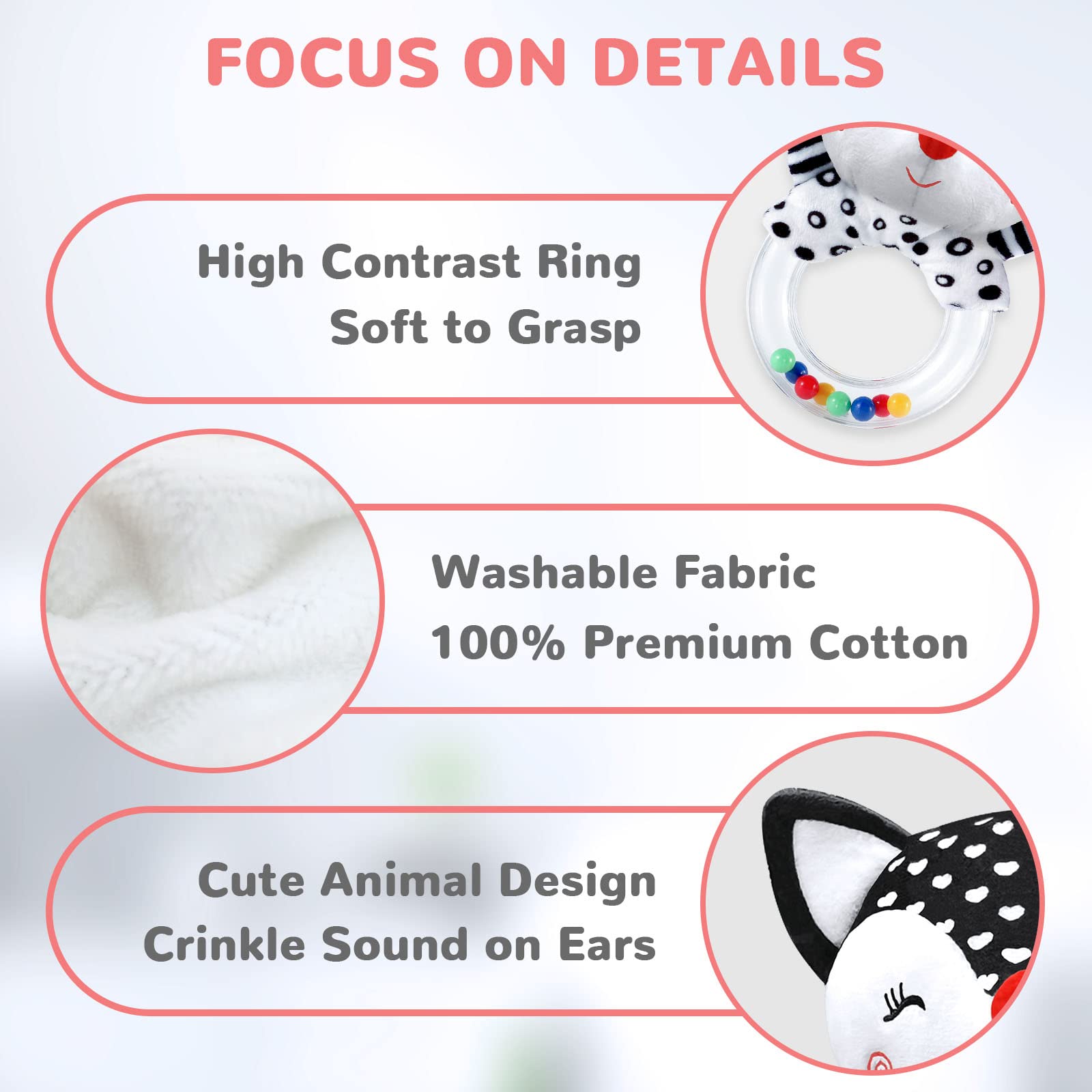 High Contrast Black & White Baby Rattles & Plush Toys for Newborns 0-3 Months - Sensory Development & Early Learning Infant Toys for Crib, Stroller & Playtime