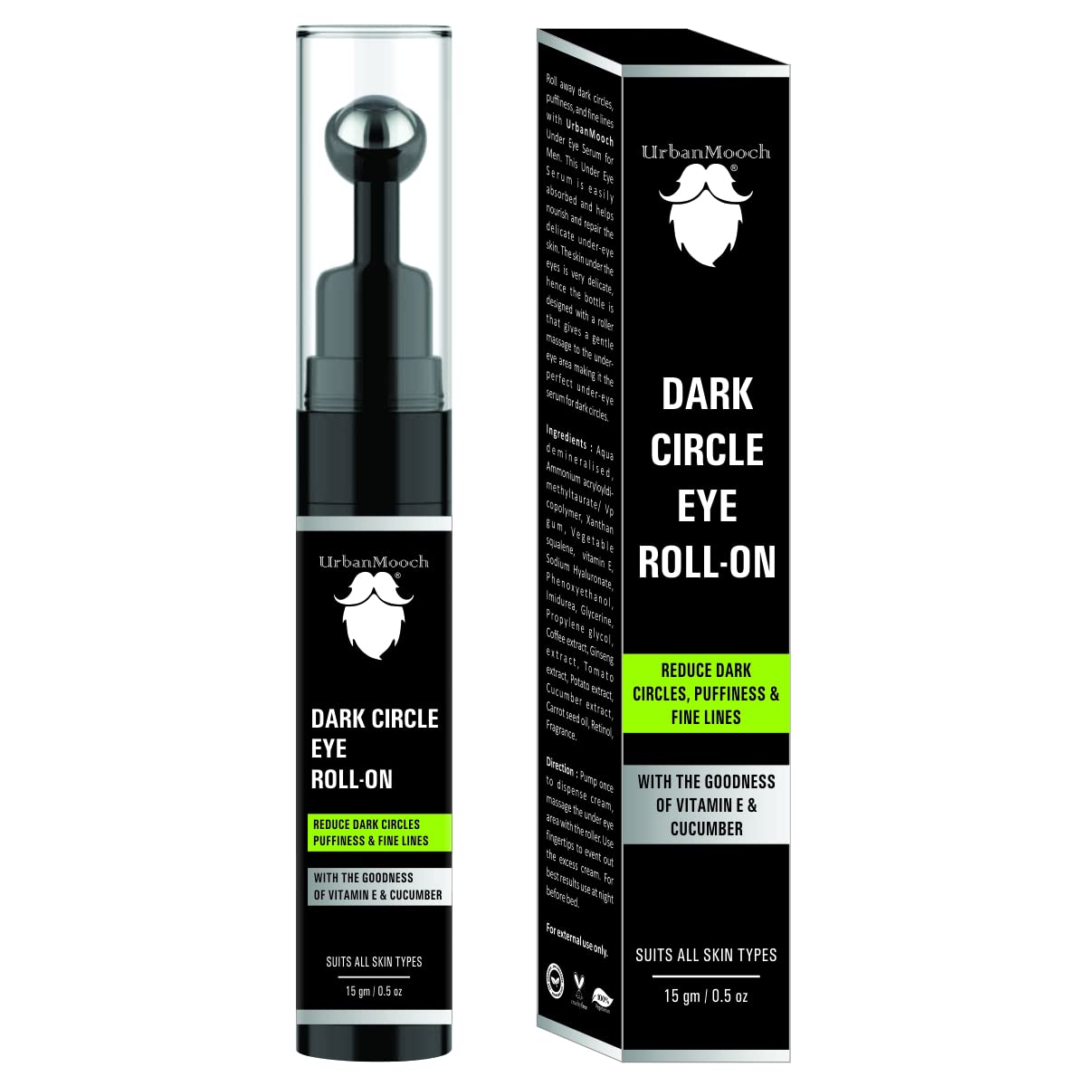 UrbanMooch Under Eye Cream for Men - Dark Circle Treatment with Cooling Massage Roller | Reduces Puffiness & Fine Lines | Enriched with Vitamin E, Ginseng Extract & Retinol | 15g | Perfect for Morning Routine & Night Care