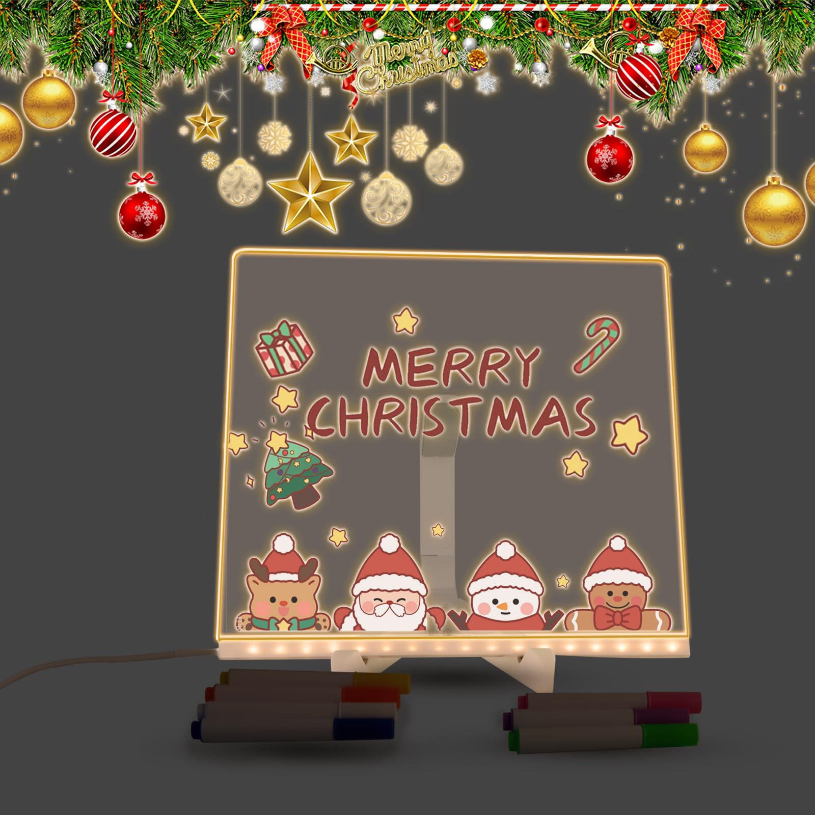 LED Light Up Acrylic Message Board - Colorful Writing & Drawing Board for Kids with Adjustable Stand & 7 Pens (7.9