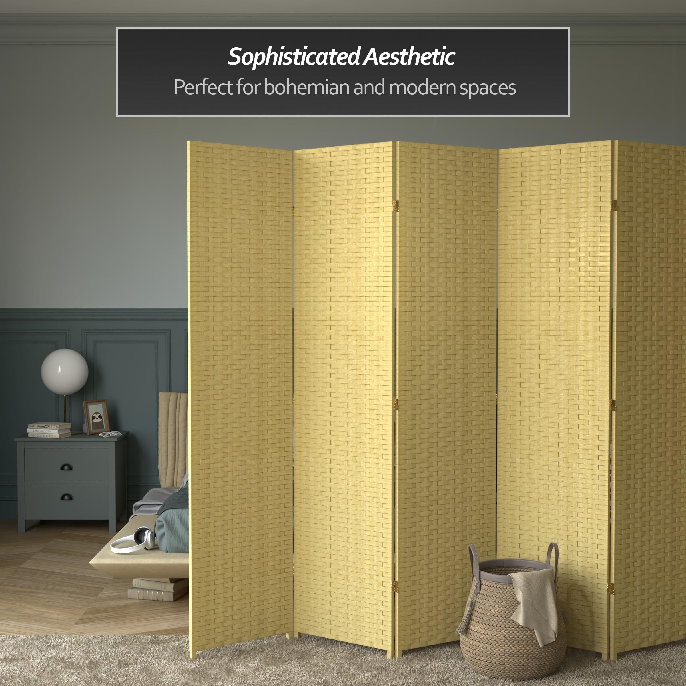 7 ft Tall Red Lantern Woven Fiber Dark Beige 6-Panel Room Divider - Perfect for Home Office, Living Room & Bedroom Privacy