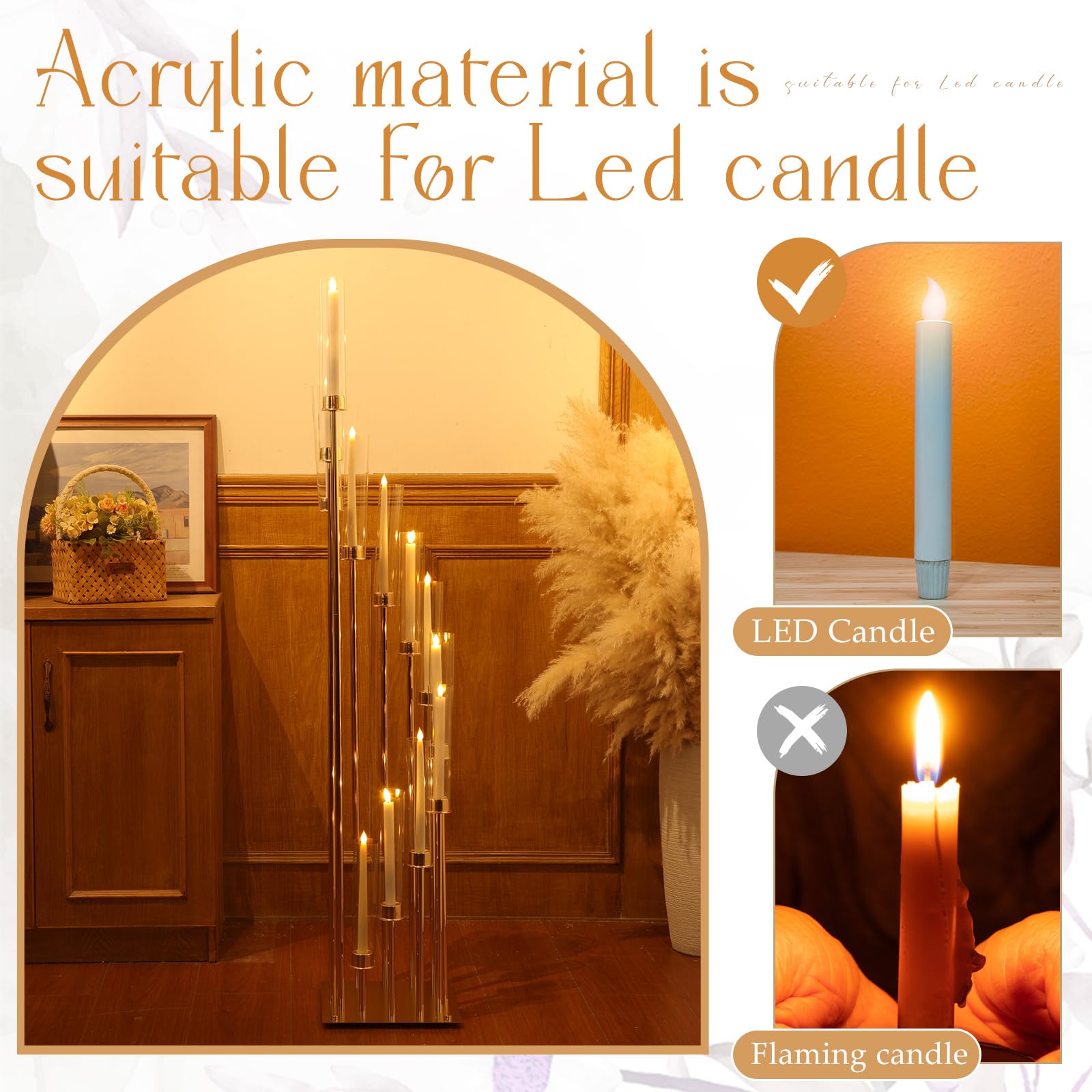 2-Pack Gold 12-Arm Candelabra Floor Stand - 57.5 Inch Tall Wedding Centerpiece with Clear Acrylic Shades & LED Candles for Valentine's Day, Christmas, Spring Decor | Elegant Home & Event Lighting