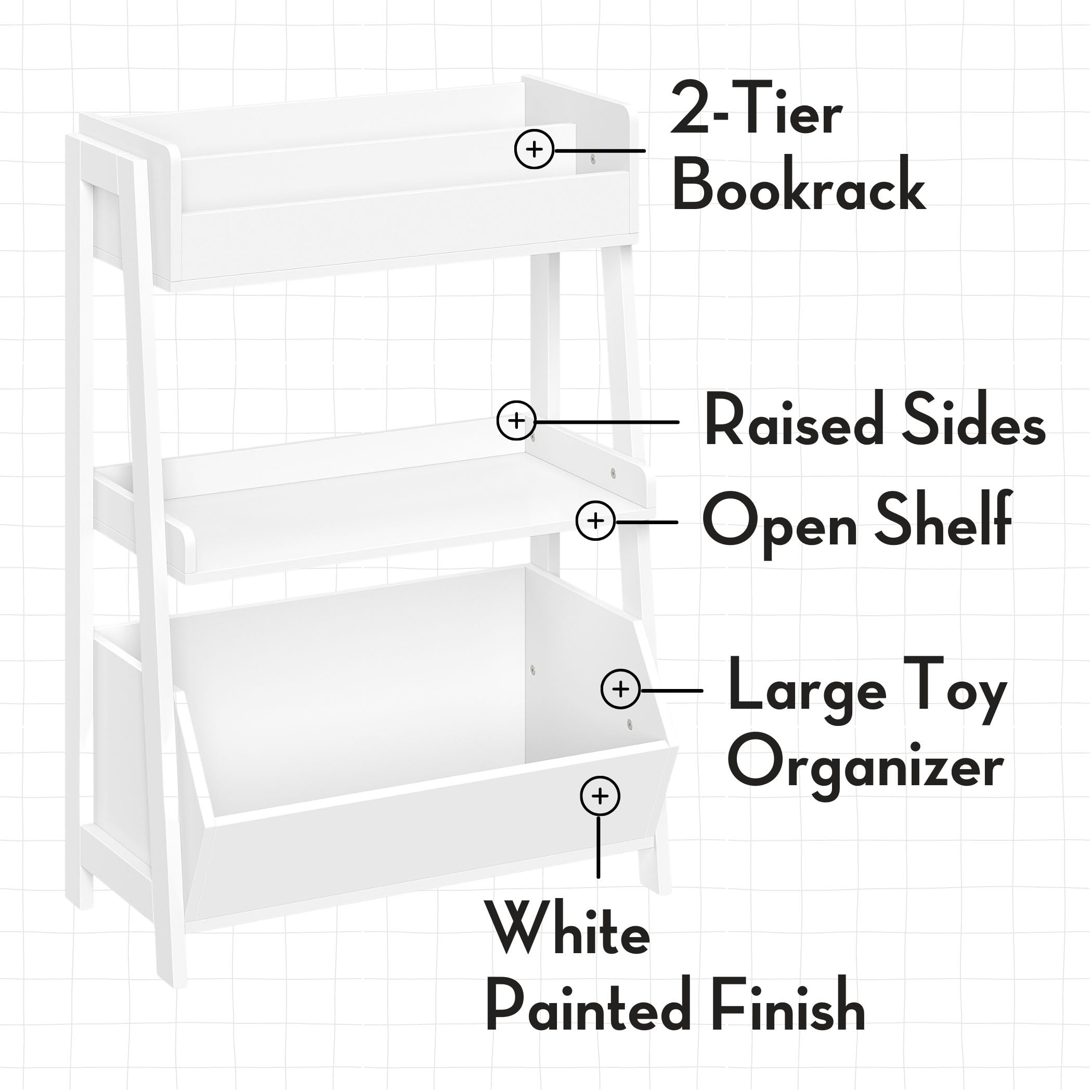 RiverRidge 3-Tier Wooden Ladder Shelf - Toy Organizer, Book Storage with 2 Taupe Fabric Bins & Open Bin - Space Saving Kids Room Decor, Nursery Organization, Living Room Display Shelf