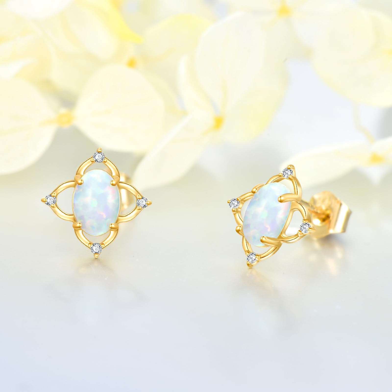 14K Solid Yellow Gold Opal Earrings - Flower, Triangle, Star & Vintage Stud Earrings for Women | Elegant Opal Jewelry Gift for Birthday, Anniversary & Special Occasions