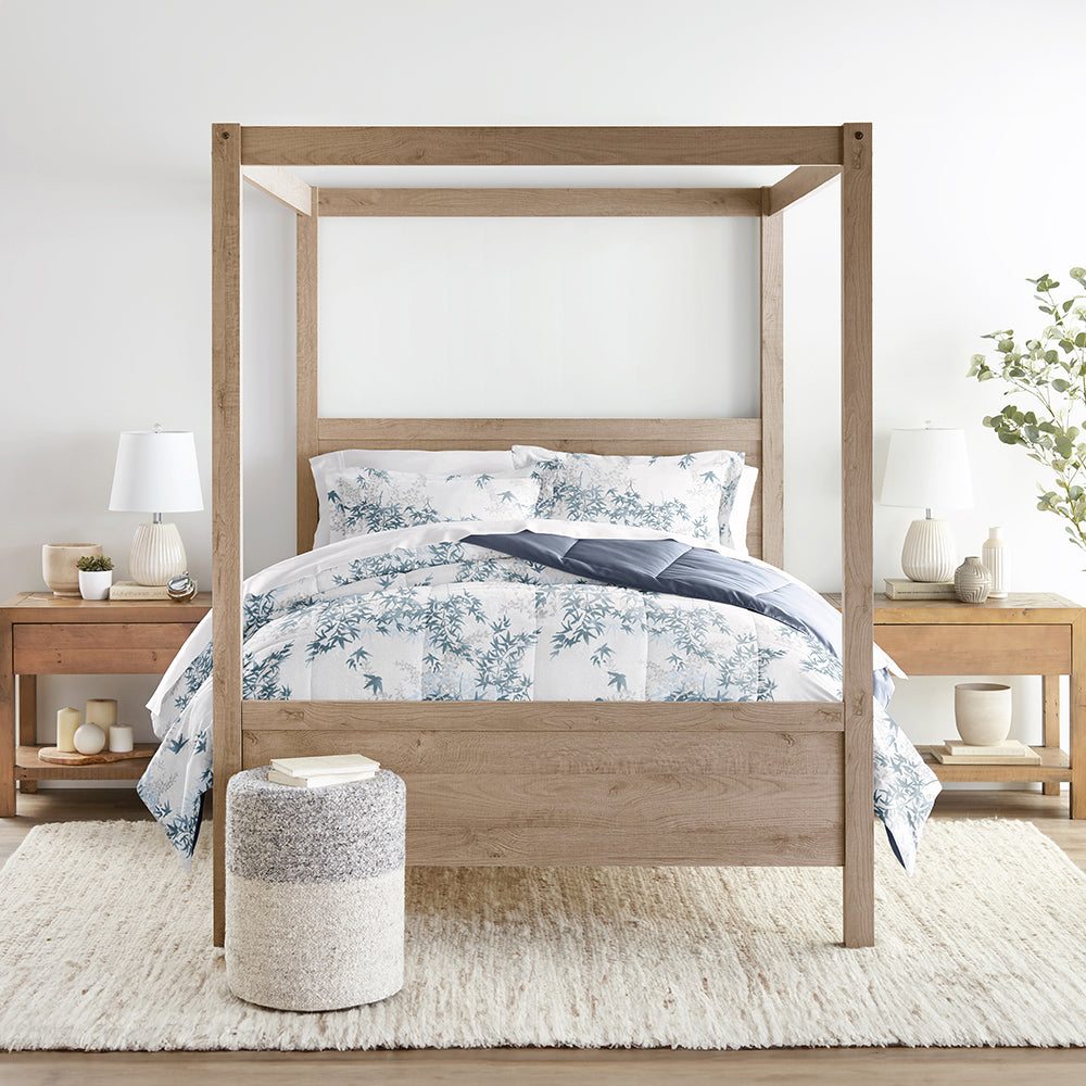 Bamboo Leaves Reversible Down Alternative Comforter Set - Hypoallergenic & Breathable All-Season Bedding - Perfect for Master Bedroom, Guest Room & Dorm