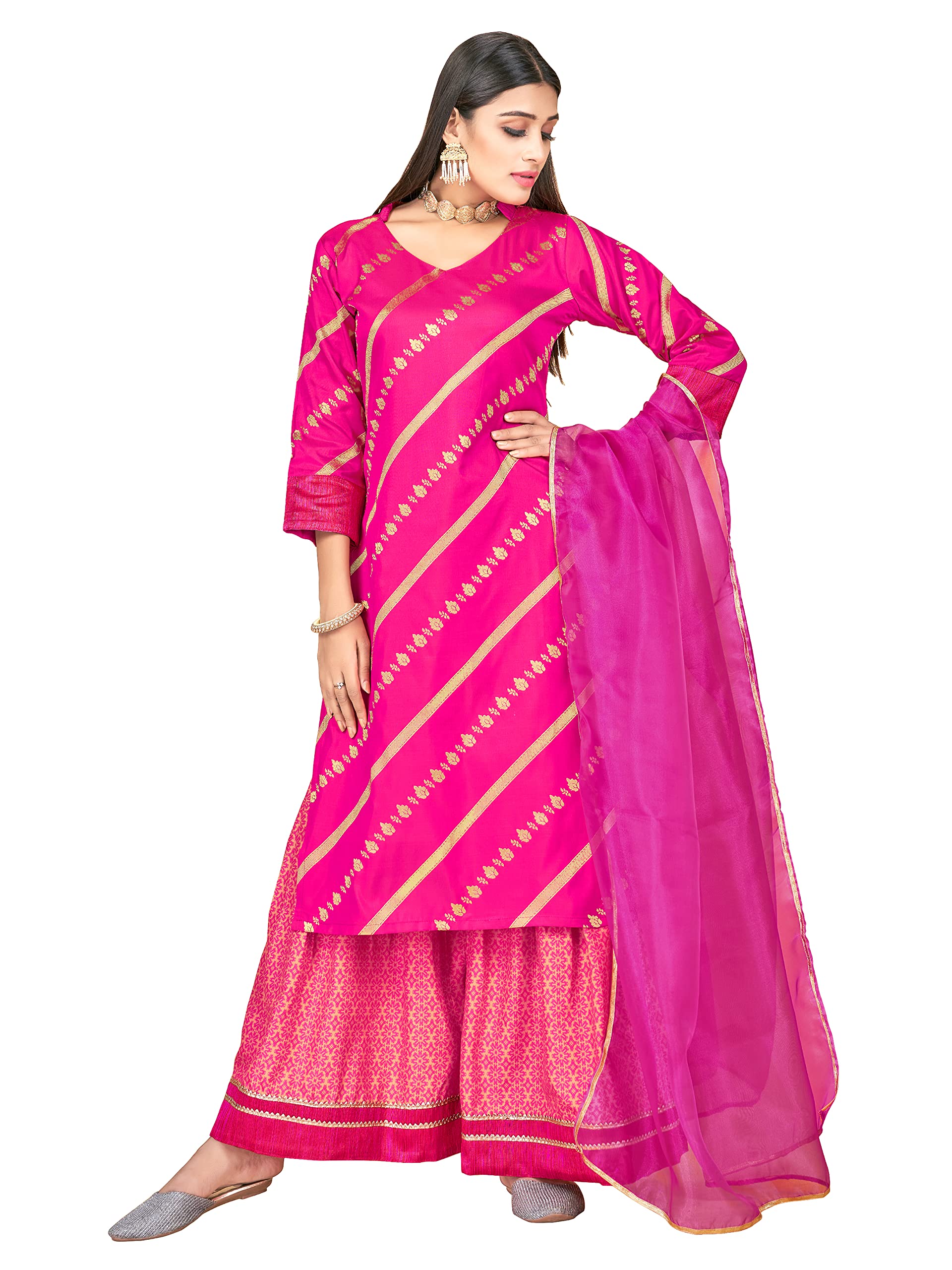 Art Silk Woven Ready-Made Indian Kurti for Women with Palazzo & Dupatta | Elegant Kurtis & Kurta Tops for Casual Wear, Parties & Festivals
