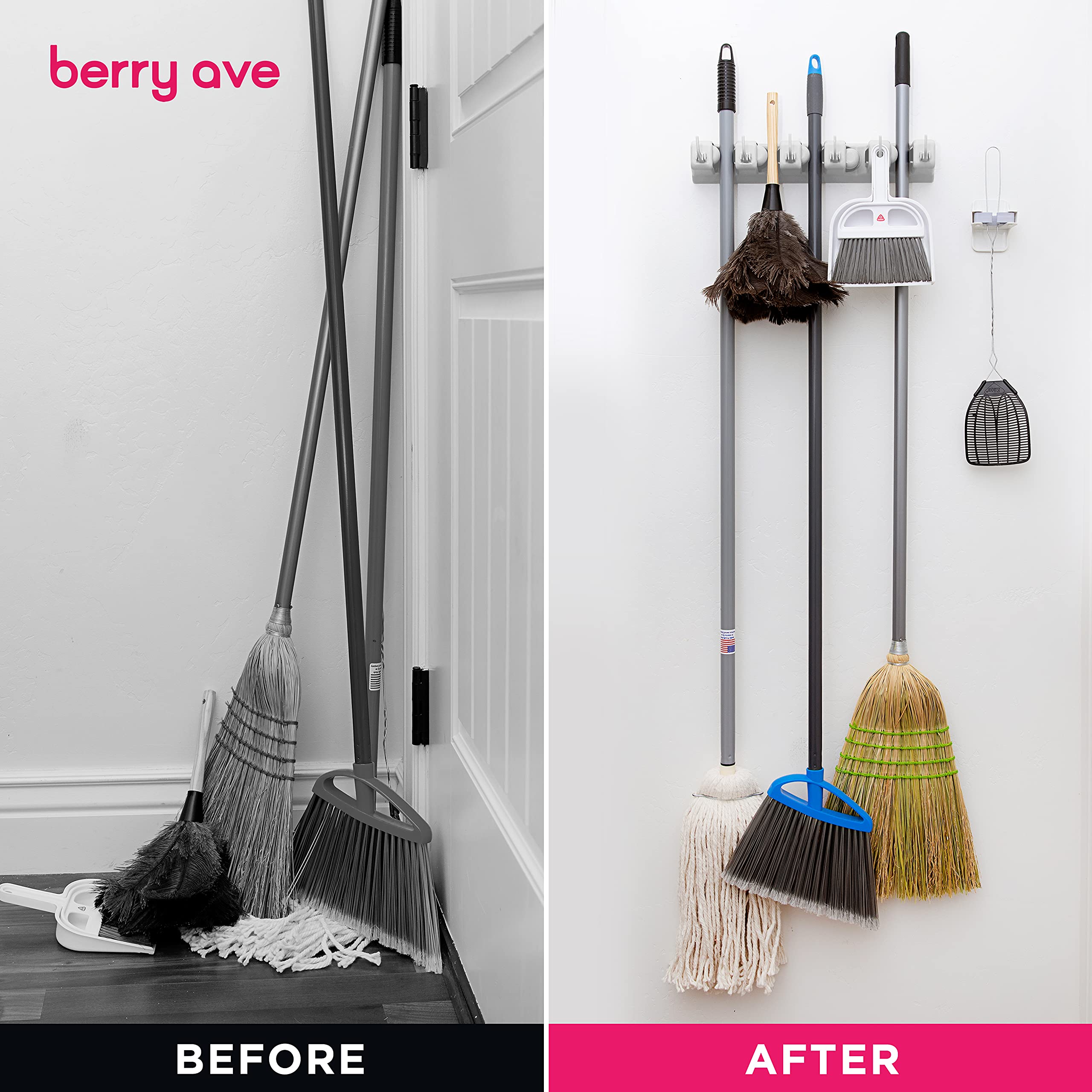 Berry Ave Broom Holder and Garden Tool Organizer - Heavy Duty Wall Mount for Rakes, Mops & Shovels (1.25-Inch Handle Capacity, White, 2-Pack) - Perfect for Garage, Shed & Home Organization