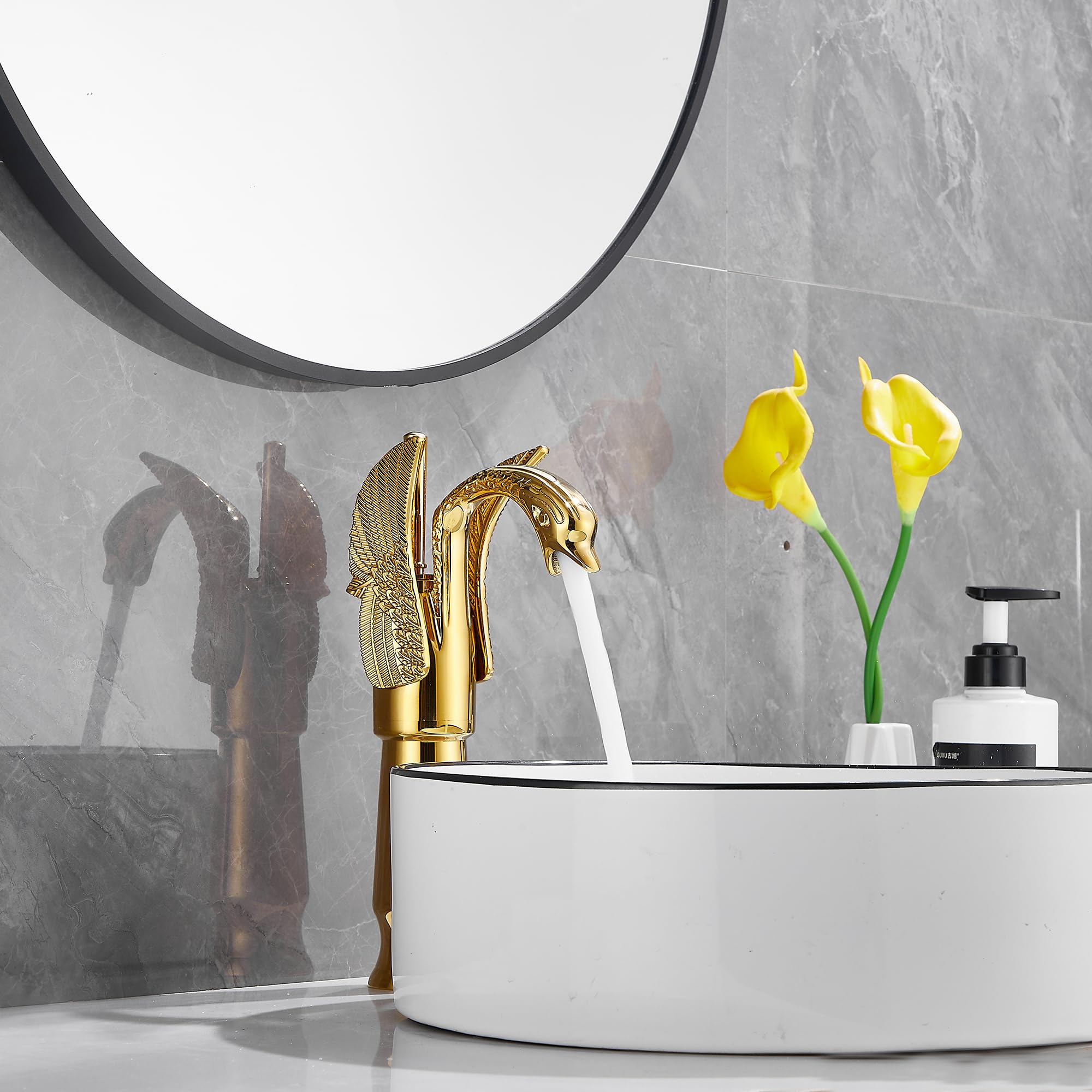 GGStudy Gold Swan Shape Single Handle Deck Mount Bathroom Vessel Sink Faucet - Elegant One Hole Lavatory Faucet for Modern Vanity & Powder Room Decor