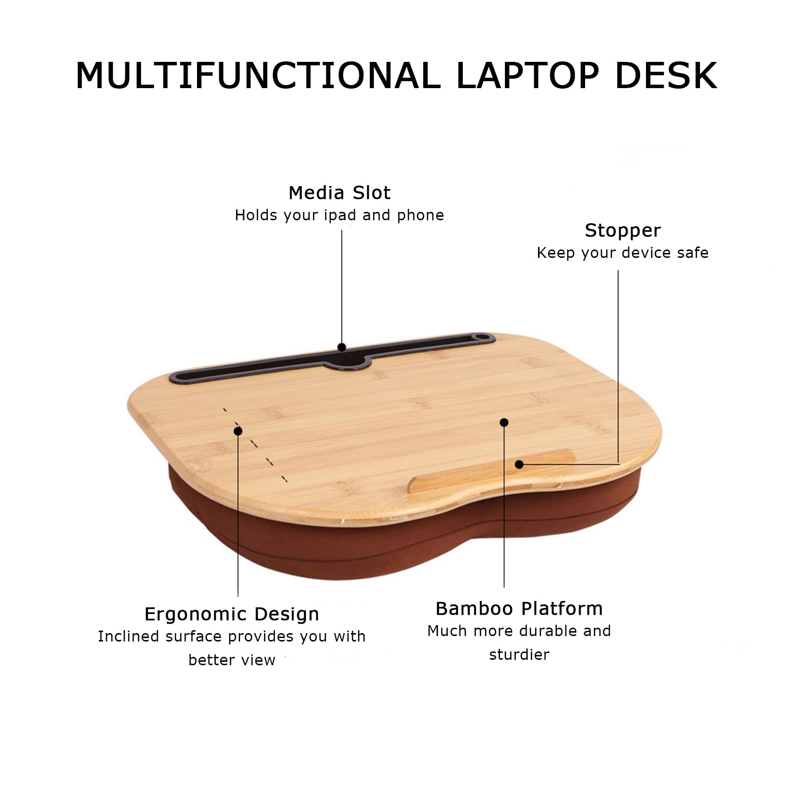 SUMISKY Bamboo Lap Desk with Cushion - Portable Laptop Table for Bed, Sofa & Floor Use - Includes Phone Holder & Ergonomic Design for Home Office, Study & Travel