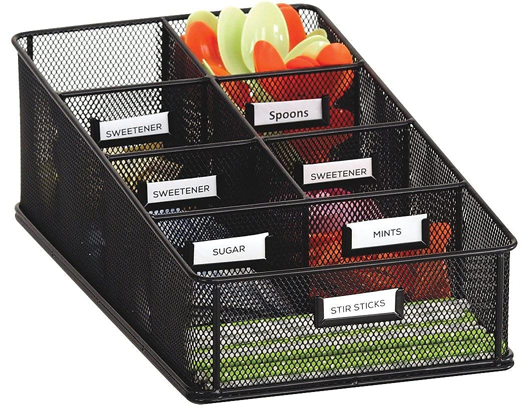 Safco 3291BL Onyx Mesh 7-Compartment Condiment & Supply Organizer - Steel Metal Mesh Cart with Labels for Break Room, Classroom & Office Storage - Perfect for Organizing Utensils, Snacks & Stationery