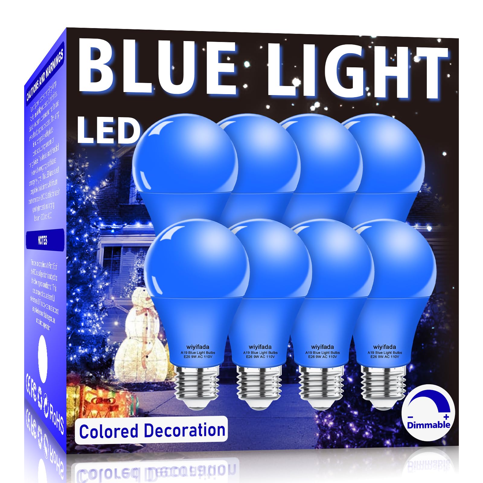 8 Pack A19 LED Blue Light Bulbs - 110V E26 Base, 9W (100W Equivalent) Dimmable Colored Bulbs for Christmas, Thanksgiving, Parties & Home Decor - Perfect for Holiday Lighting, Bedroom, Living Room & Outdoor Decorations