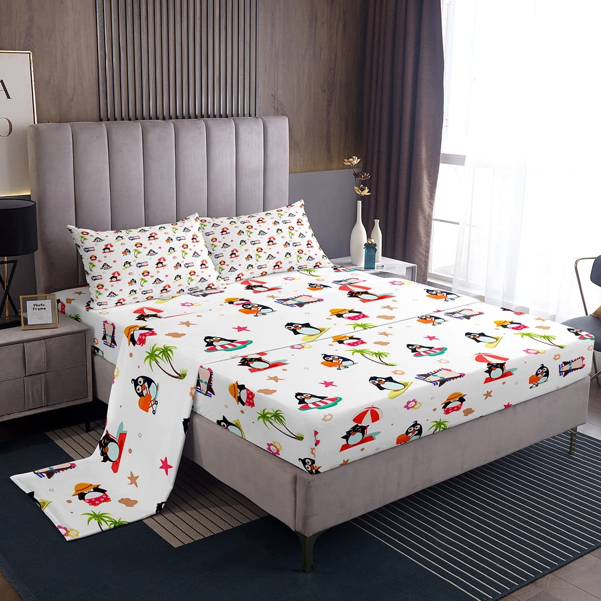 Castle Fairy Kids Penguin Bed Sheets Set - Cute Kawaii Animal Print Microfiber Bedding with Pillowcase for Boys & Girls (Queen Size) | Perfect for Summer Holidays, Beach Themed Rooms & Cozy Teen Bedrooms