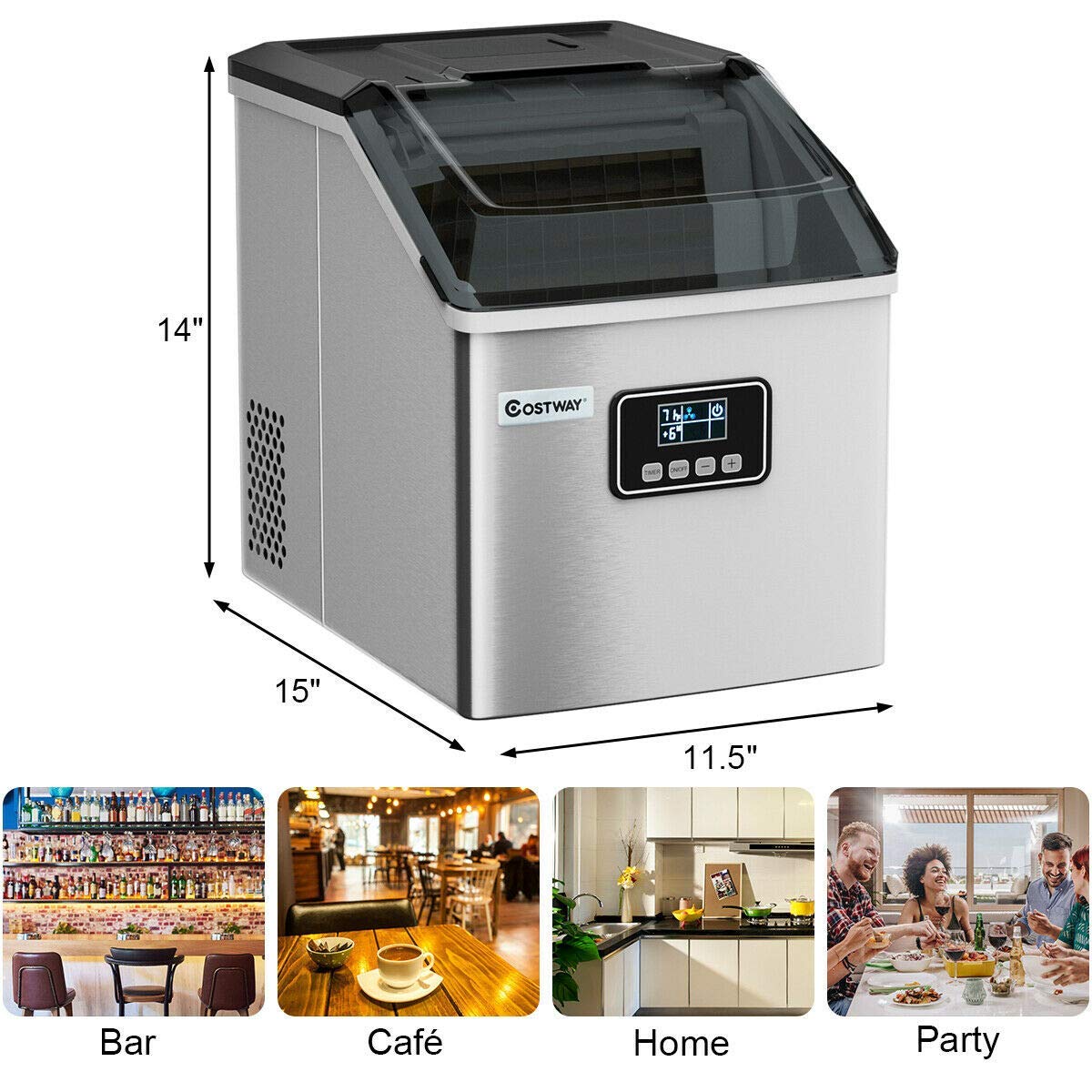 COSTWAY 48LBS/24H Portable Ice Maker Machine with Self-Cleaning, LCD Display & Timer | Stainless Steel Countertop Ice Maker with See-Through Window | Includes Ice Scoop & Basket | Perfect for Home, Office, Parties & Outdoor Events