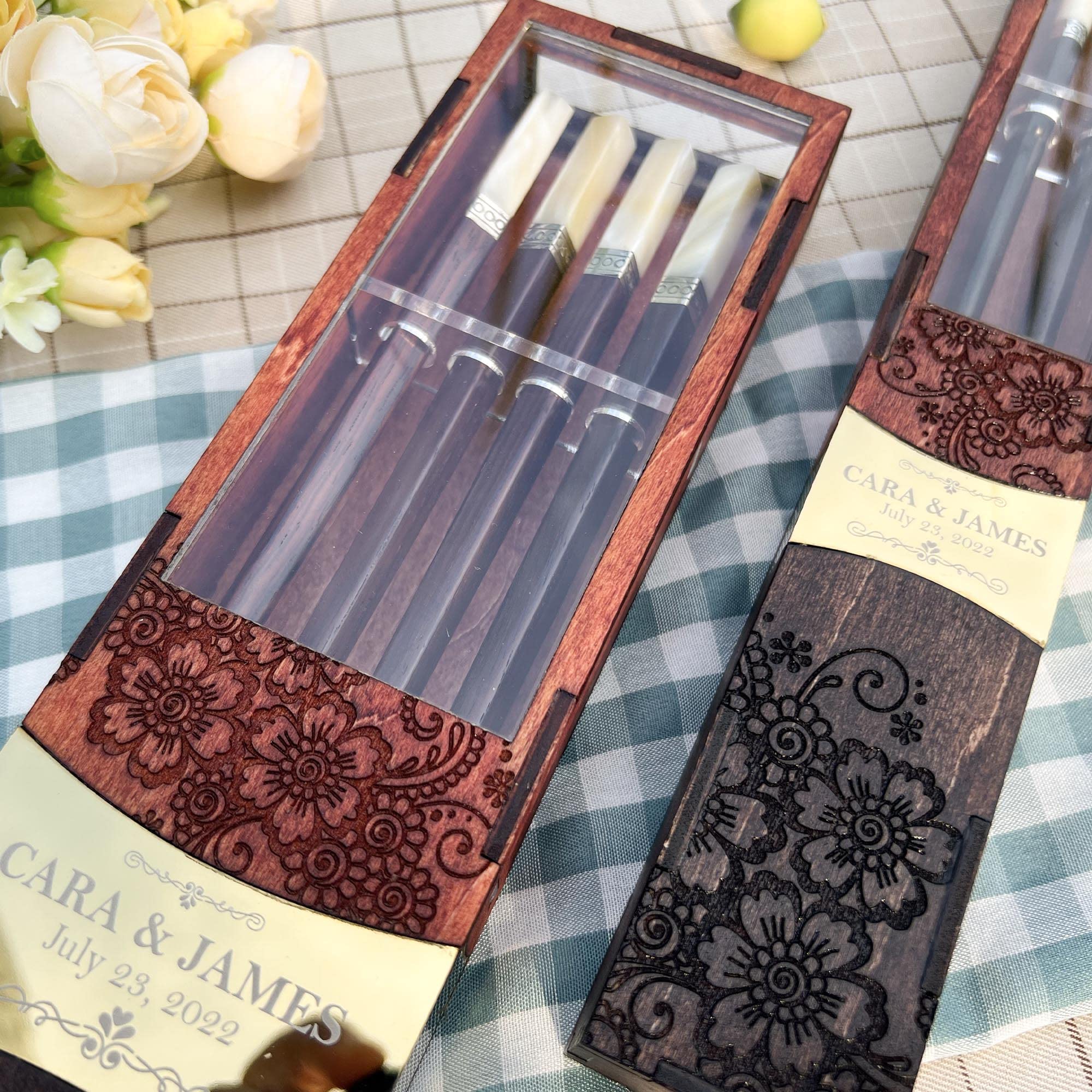 Personalized Premium Engraved Chopsticks Set for Couples - Custom Name Wedding Gift - Luxury Chopsticks with Gift Box - Perfect for Anniversaries, Bridal Showers & Newlywed Gifts (2 Pairs)