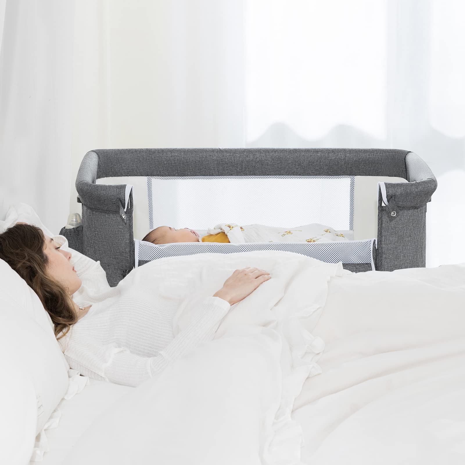 Ihoming Portable Baby Bassinet Bedside Sleeper - Adjustable Newborn Crib with Storage Basket & Easy Folding Design, Gray | Perfect for Nursery, Bedroom Co-Sleeping & Travel Use