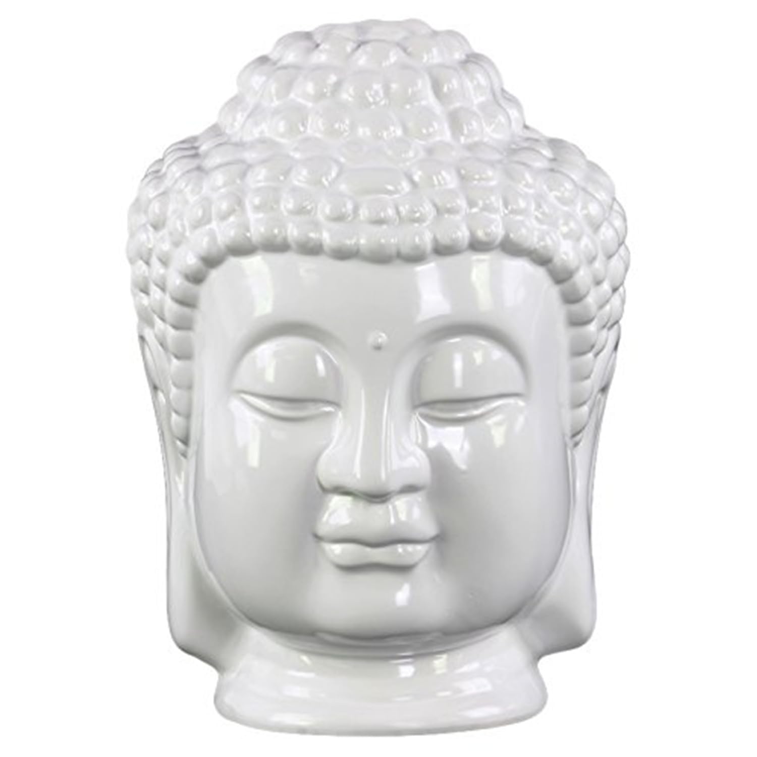 White Ceramic Buddha Head Statue with Beaded Ushnisha - Glossy Finish Home Decor for Meditation Room, Yoga Studio & Zen Garden