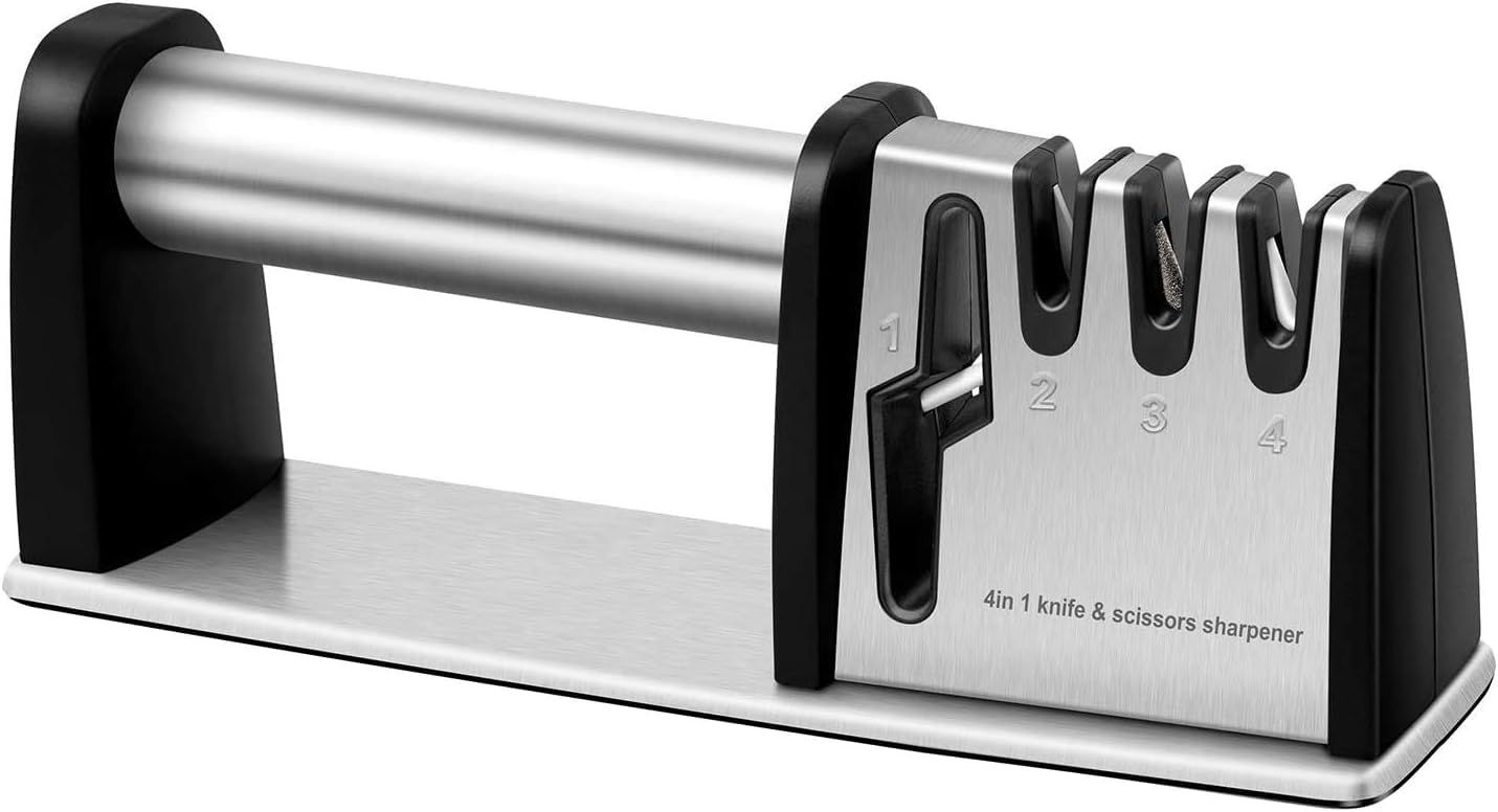 JCHOPE 4-in-1 Knife Sharpener - Professional Kitchen Knife & Scissors Sharpening Tool for Chefs | Manual Blade Sharpener for Home & Restaurant Use