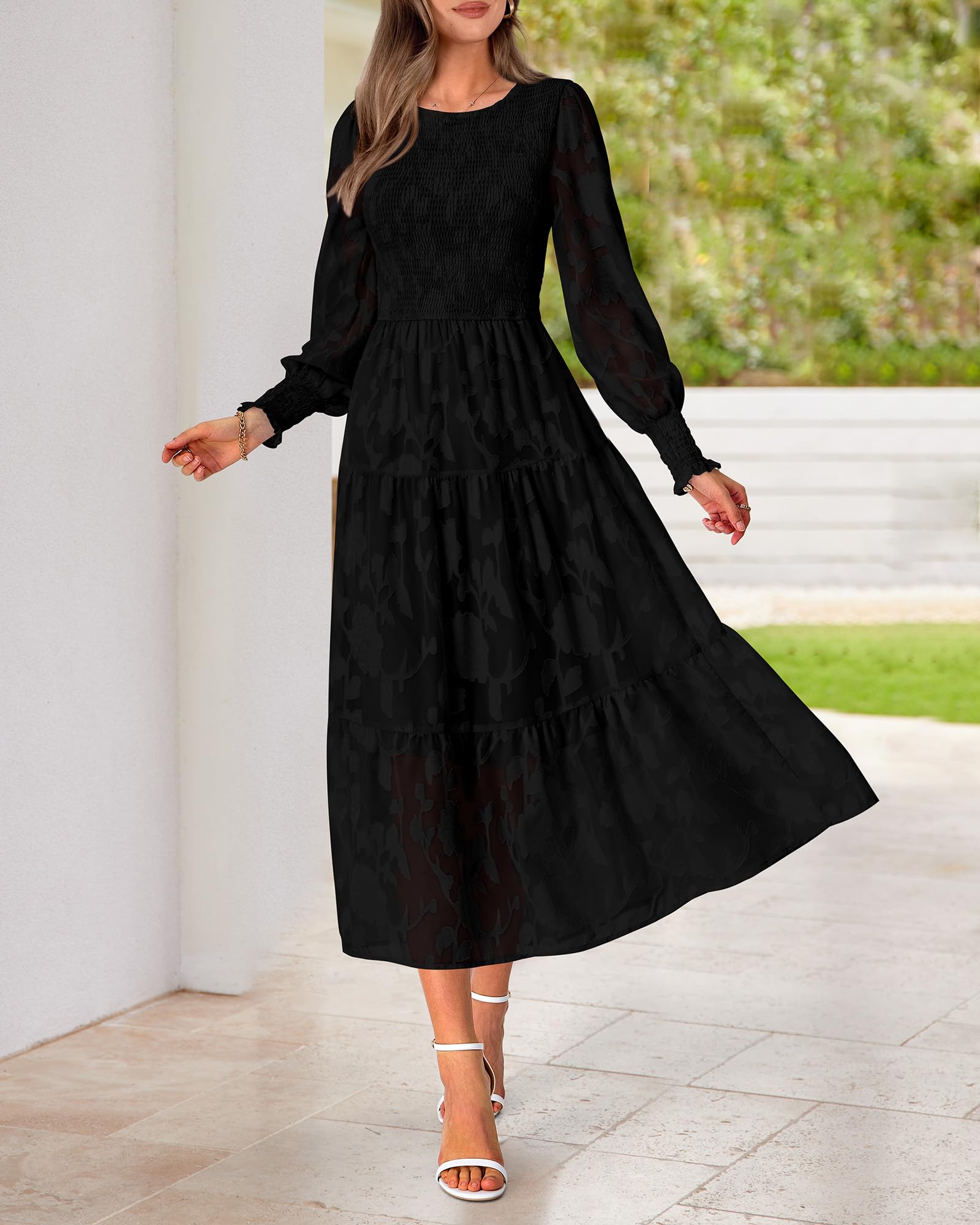 BTFBM Women's Elegant Floral Midi Dress - Long Sleeve Bohemian Wedding Guest Dress for Spring 2025 | Perfect for Garden Parties, Bridal Showers & Formal Events