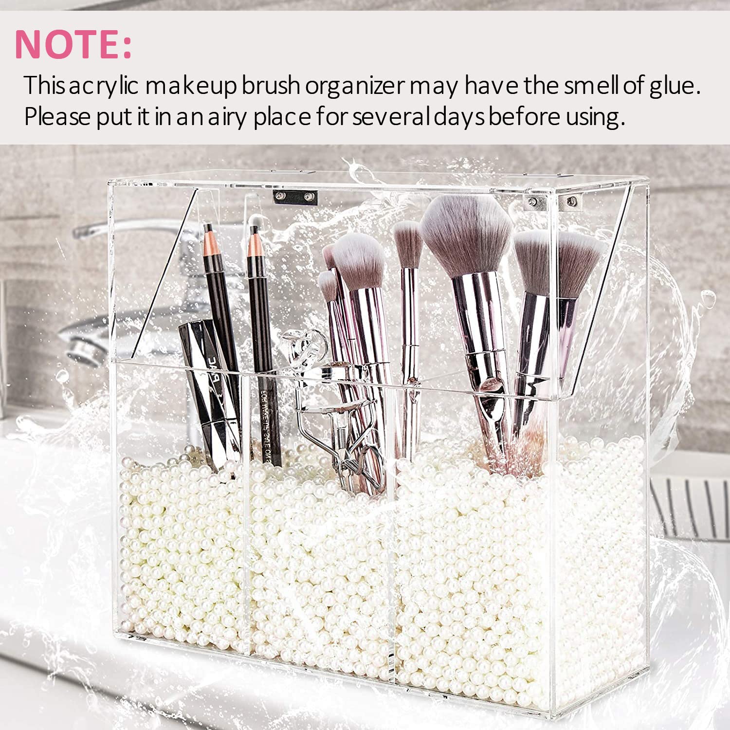 YestBuy Clear Acrylic Makeup Brush Holder with Pearls - Cosmetic Brush Organizer for Vanity, Bathroom & Bedroom Countertop Storage | Perfect for Makeup Artists & Beauty Enthusiasts