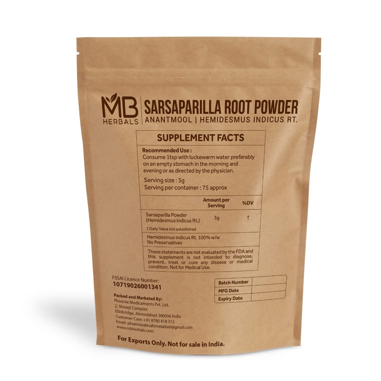 Organic MB Herbals Sarsaparilla Root Powder 8oz (227g) | Pure Nannari Root Powder & Anantmool Powder | Hemidesmus Indicus Supplement for Detox & Immunity Boost | Herbal Tea & Ayurvedic Remedies Ingredient