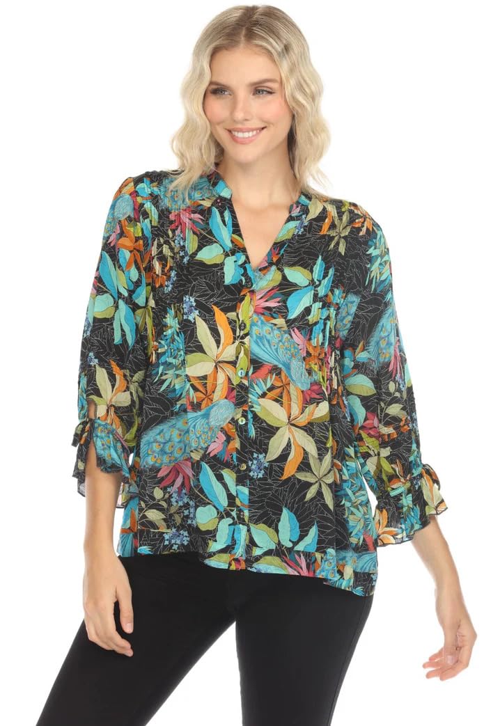 Johnny Was Vacanza Blouse - Floral Peacock Print Deep Black Button Up Shirt Top for Women, Small | Boho Chic Style for Casual Wear, Date Nights & Summer Outfits