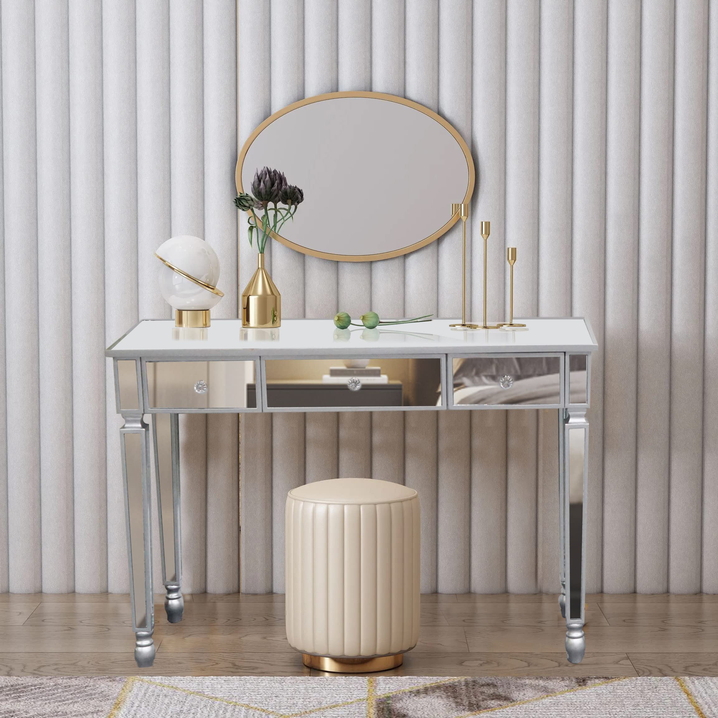 Mirrored Console Table with 3 Drawers - Silver Entryway Storage for Makeup & Hallway Decor