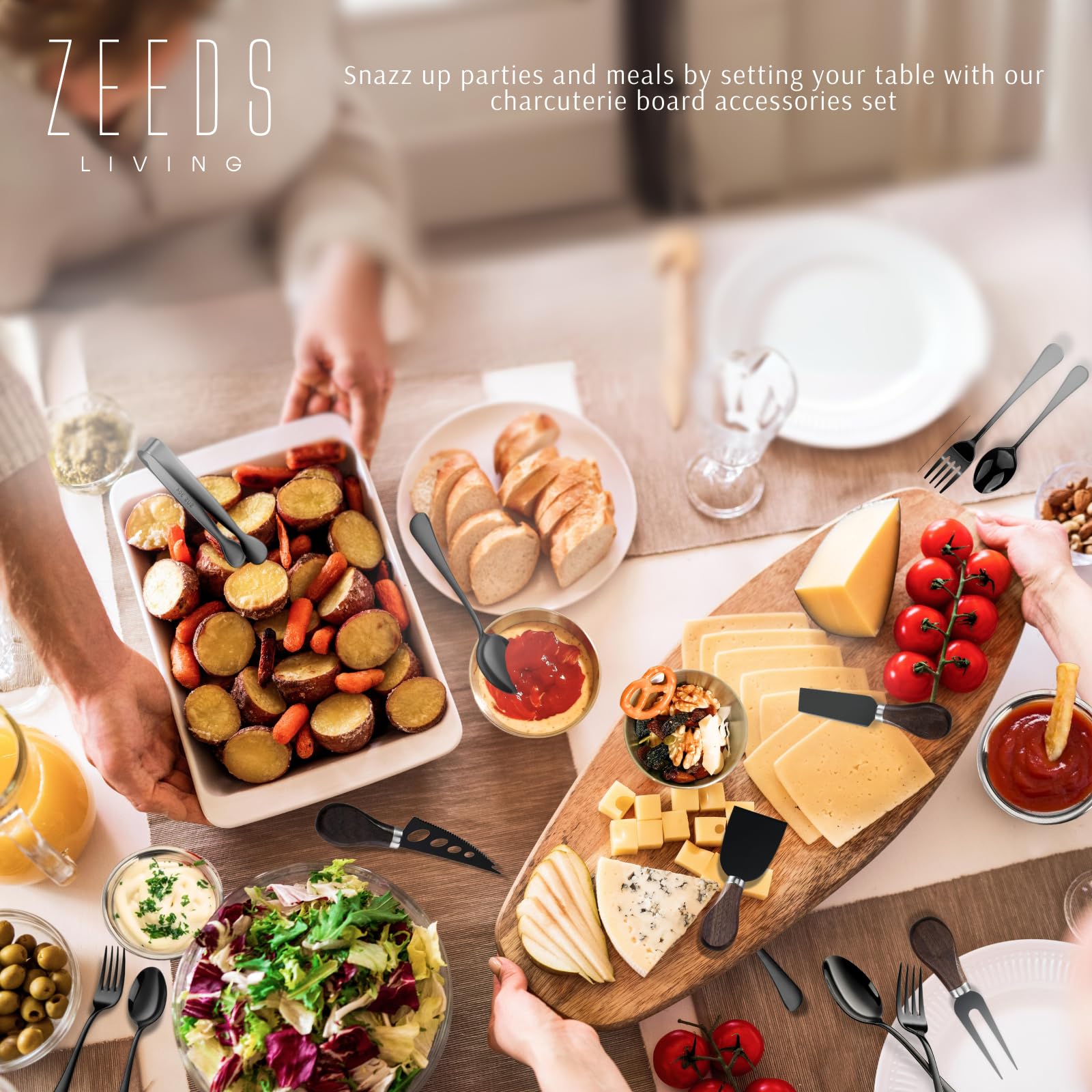 Premium Charcuterie Board Accessories Set - 6-Piece Cheese Knives, Mini Serving Tongs, Spoons, Forks & Honey Dipper - Perfect for Cheese Platters, Charcuterie Displays, Wine Parties & Wedding Gifts (Elegant Black)