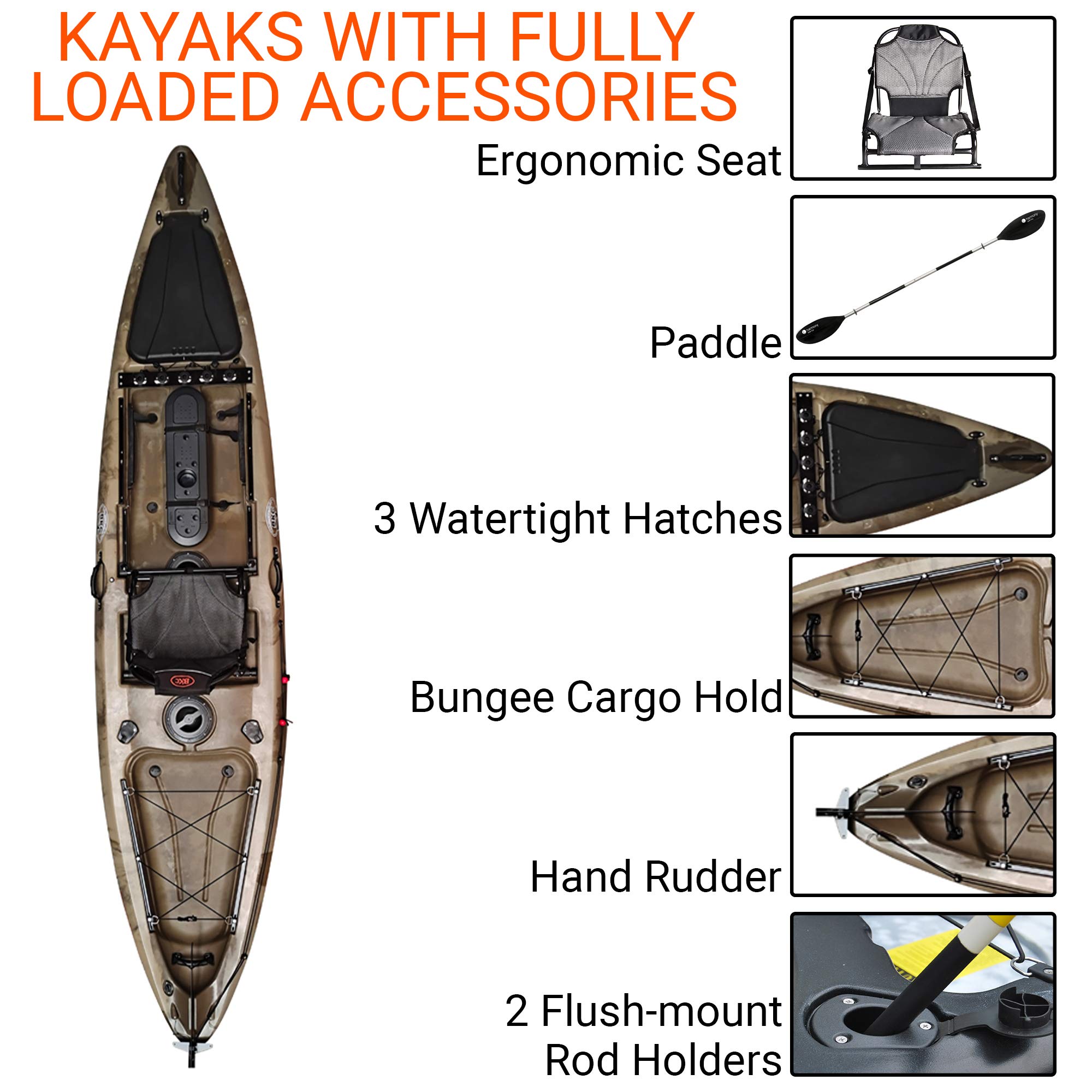 BKC FK13 13-Foot Solo Sit-on-Top Fishing Kayak with Adjustable Aluminum Seat, Paddle & Foot-Controlled Rudder - Stable Angler Kayak for Lakes, Rivers & Ocean Fishing Adventures