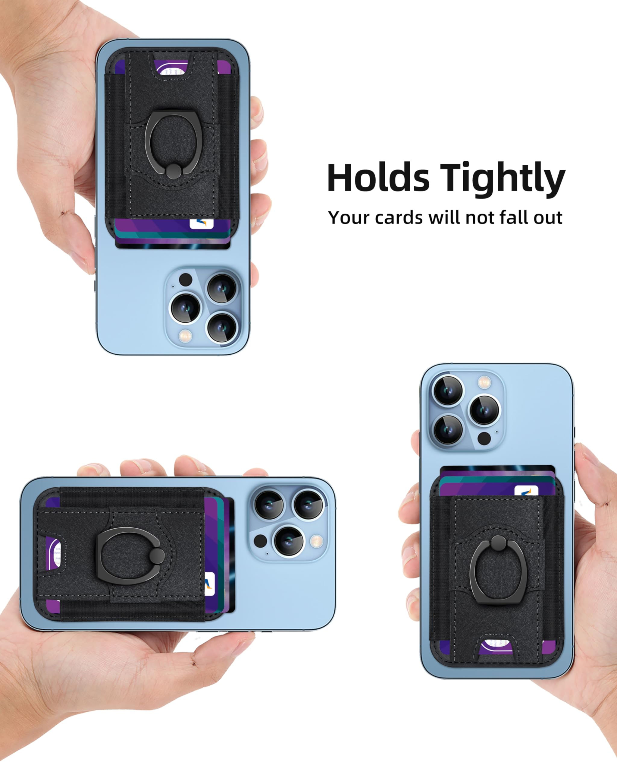 Premium MagSafe Wallet with Ring Grip - Strong Magnetic Card Holder for iPhone 15/14/13/12 Series | 360° Rotating Minimalist Phone Stand | Holds 7 Cards | RFID Blocking | Genuine Leather | Slim Black Design - Perfect for Everyday Carry & Secure Contactless Payments