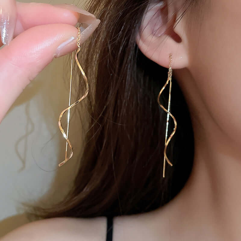 Gold Spiral Long Chain Threader Earrings for Women - Dainty Boho Chic Jewelry Gift for Party, Date Night & Everyday Wear | HE15915