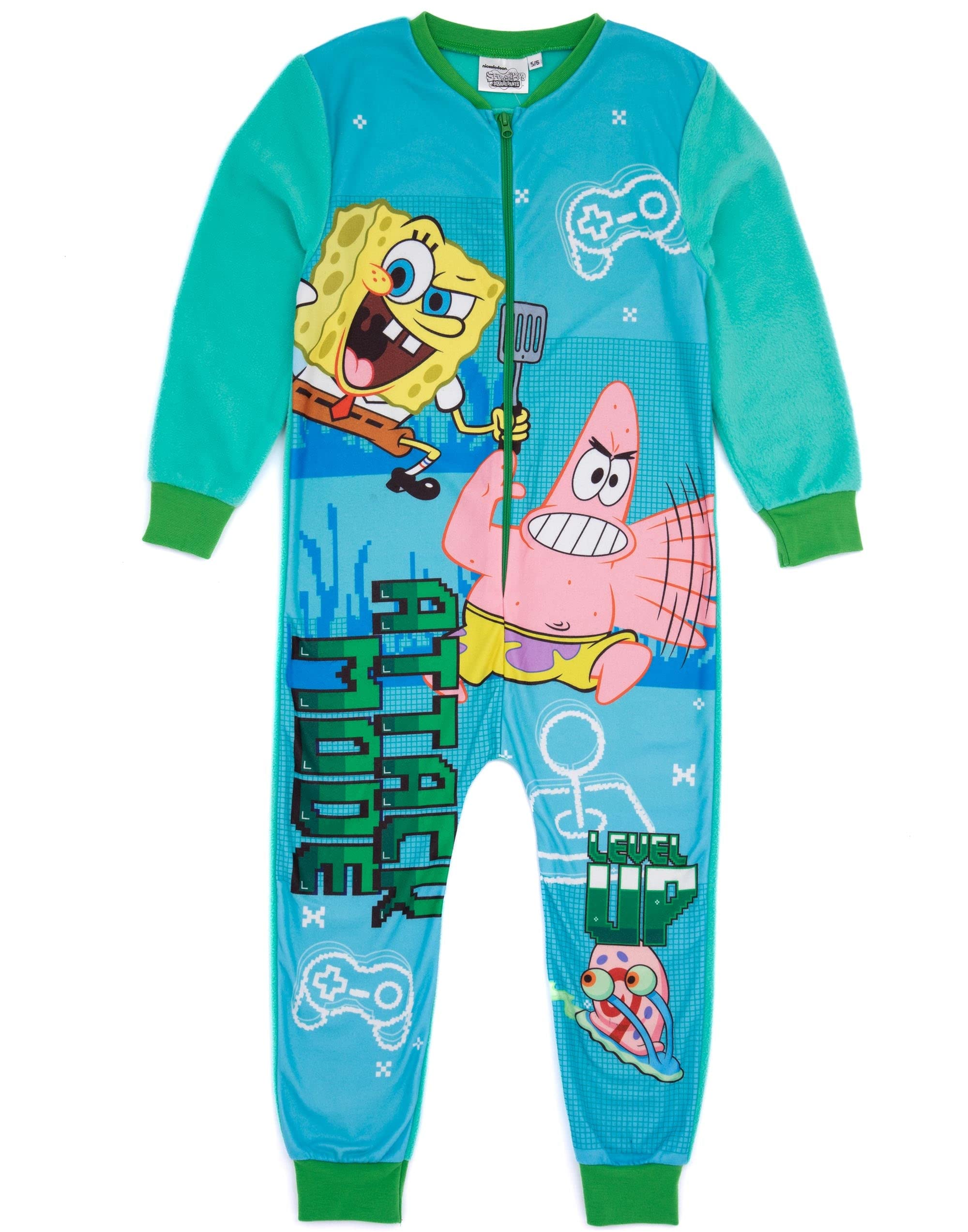 SpongeBob SquarePants Boys Fleece Onesie Pajamas - Green Gaming Jumpsuit for Kids | Soft Loungewear & Sleepwear | Perfect Gift for Gamers & SpongeBob Fans | Ideal for Sleepovers, Gaming Nights & Winter Comfort