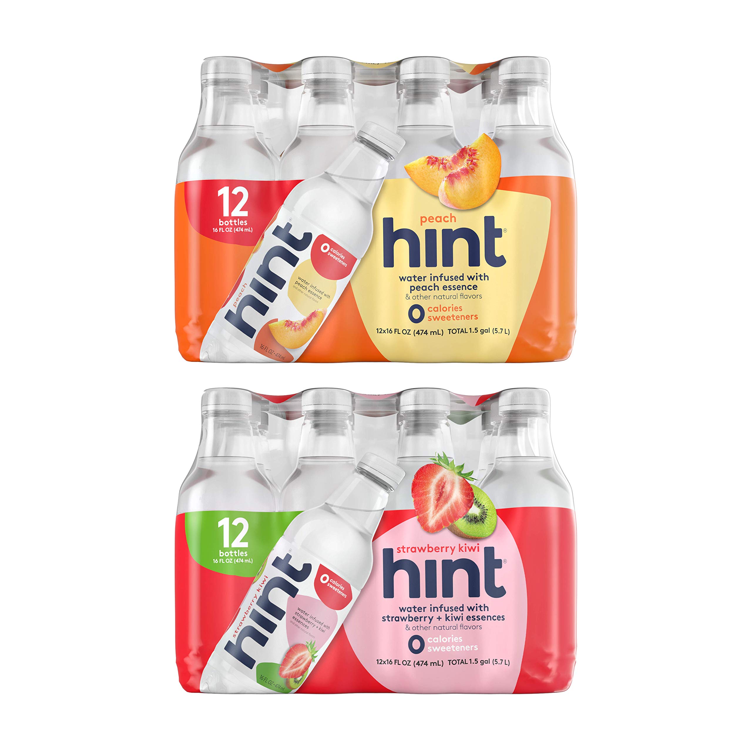 Hint Water Peach & Strawberry Kiwi Flavored Water (24 Pack) - Zero Calories, Zero Sugar, No Artificial Sweeteners - 16oz Bottles - Perfect for Hydration, Workouts, and Healthy Lifestyle