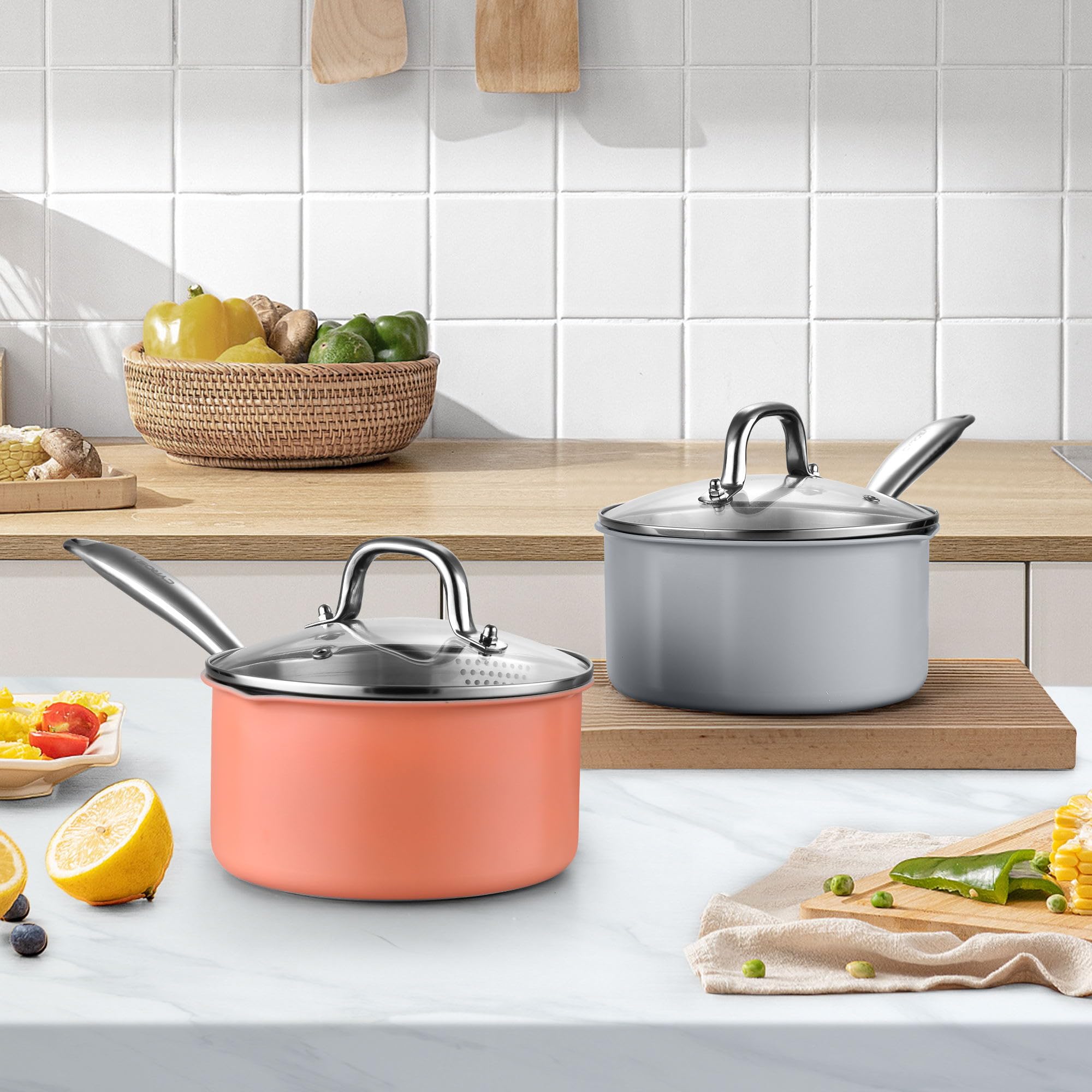 2 qt Nonstick Sauce Pan with Lid - Ceramic Coating Small Cooking Pot, PTFE & PFOA Free, Oven & Stovetop Safe (Gas, Electric, Induction) - Perfect for Sauces, Soups, and Everyday Cooking - Perracotta