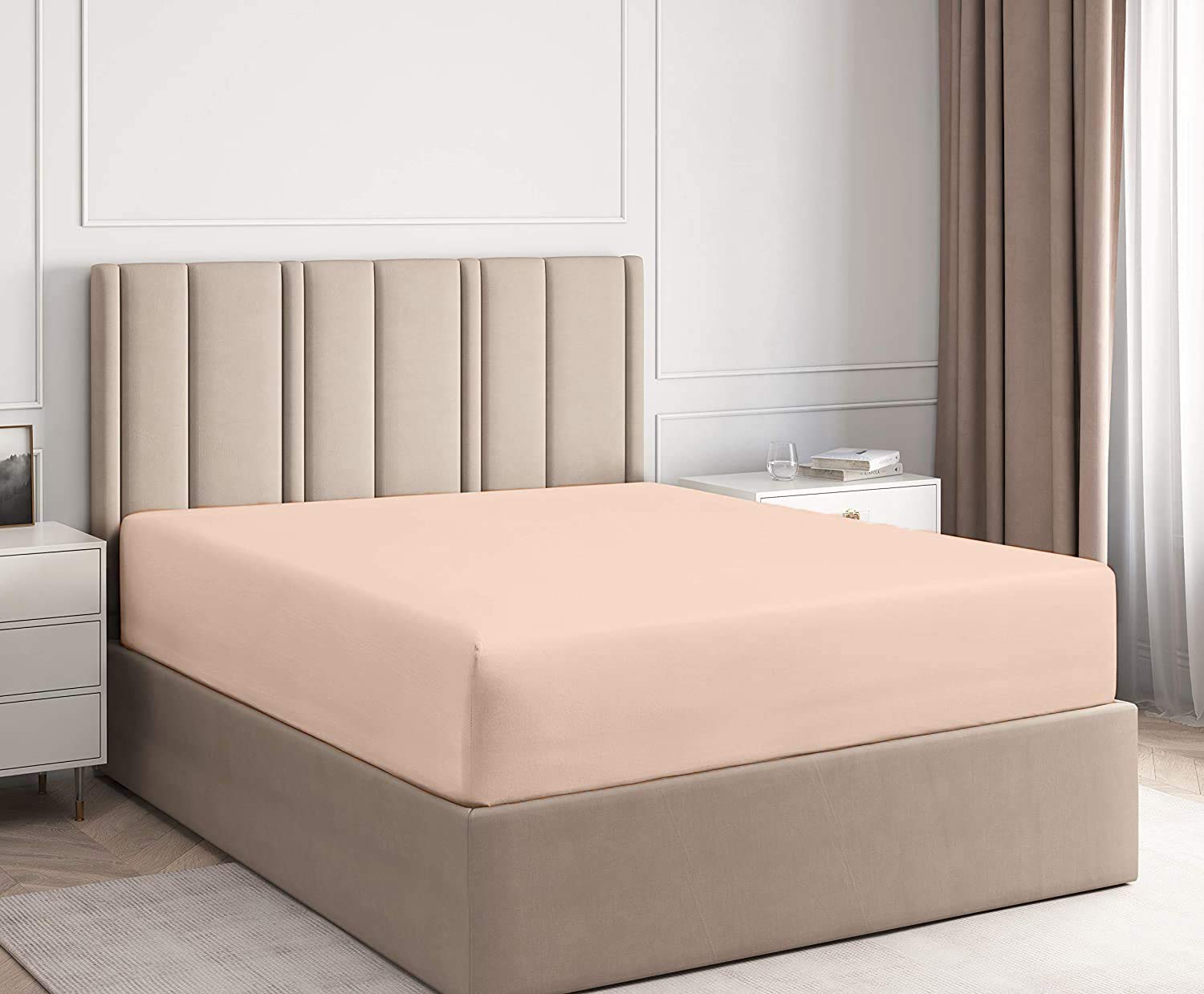 Queen Size Fitted Sheet - 100% Cotton Deep Pocket (21'') Wrinkle-Free 60 x 80 Inches - Peach Color for Single/Queen Beds | Perfect for Guest Rooms, Dormitories & Cozy Bedroom Makeovers