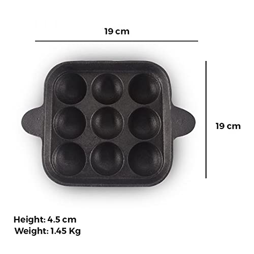 Pre-Seasoned Cast Iron Breakfast Combo Set - 23cm Round Smooth Tawa & 9-Cavity Square Paniyaram Pan (Paddu Maker) | Natural Cookware for Pancakes, Dosas & Indian Breakfast | Perfect for Home Cooking & Outdoor Camping