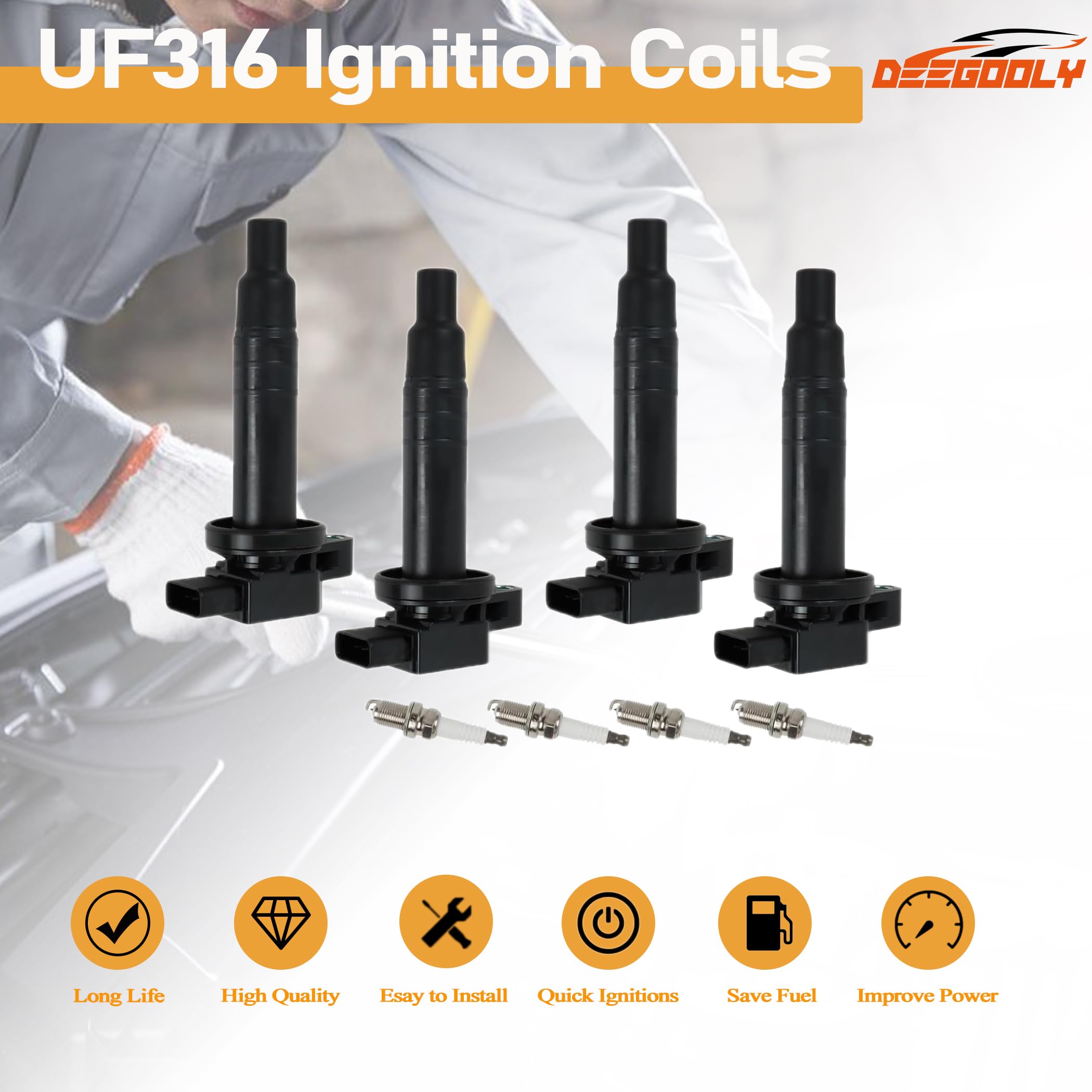 4PCS UF-316 Ignition Coils & BKR5EGP Iridium Spark Plugs Set - Compatible with Toyota Echo, Prius, Yaris, Scion xB 1.5L L4 Engine - Replaces #C1304, 5C1293, E346 - Improve Engine Performance & Fuel Efficiency