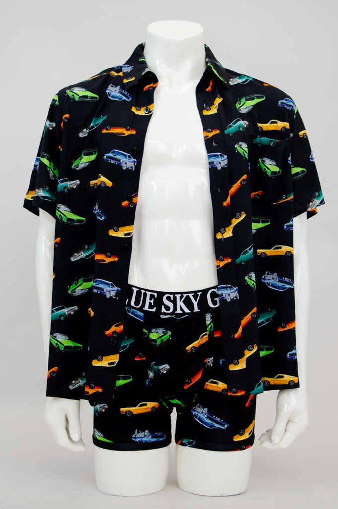 Dinosaur Print T-Shirt with Vintage Muscle Cars Design - Soft Woven Bamboo Fabric for Men & Women - Perfect for Casual Wear, Street Style, and Car Enthusiasts