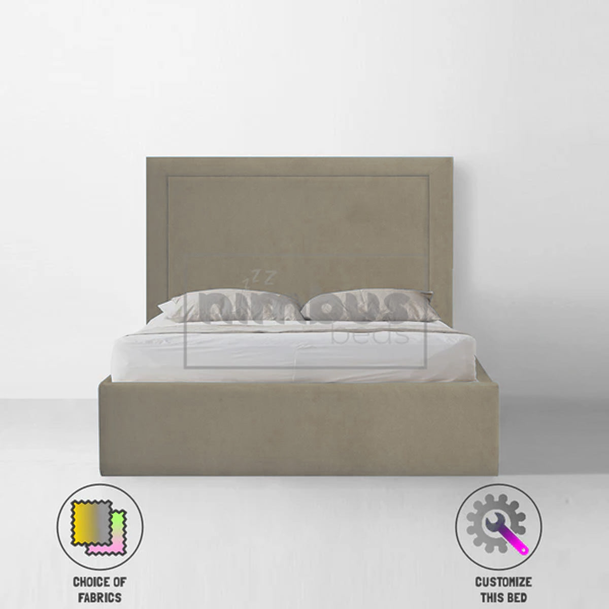 Charlie Studded Bed Frame - Queen Size Metal Platform Bed with Upholstered Headboard, Sturdy Steel Frame for Bedroom, Living Room, Guest Room - Modern & Industrial Style Furniture