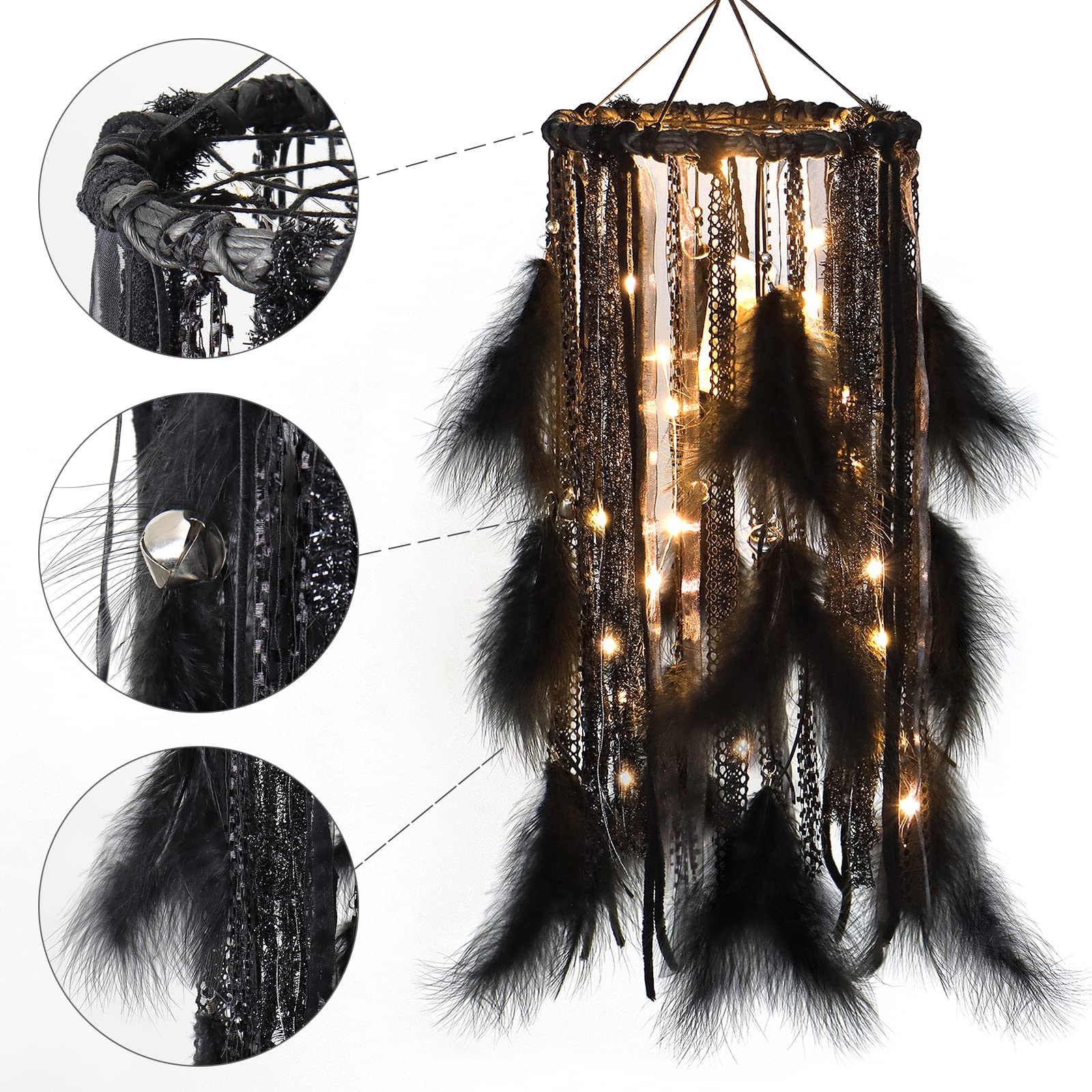 Large LED Light Up Dream Catcher with Black Shining Lace & Bells - 7.9