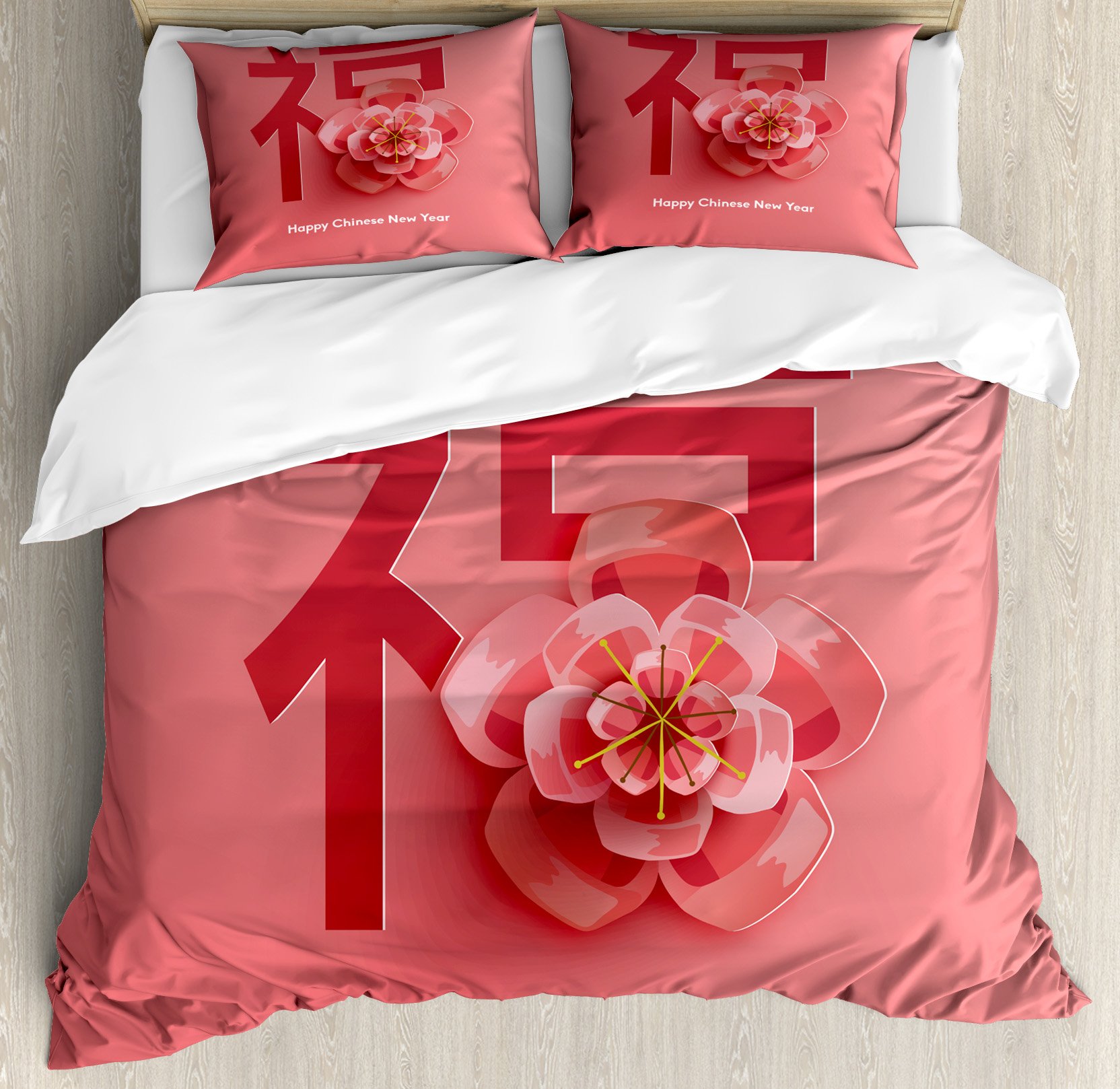 Ambesonne Chinese New Year Duvet Cover Set - Floral Celebration Design in Pink & Coral Shades, 3-Piece King Size Bedding Set with 2 Pillow Shams | Perfect for Lunar New Year Decor, Festive Home Styling & Asian-Inspired Bedroom Themes