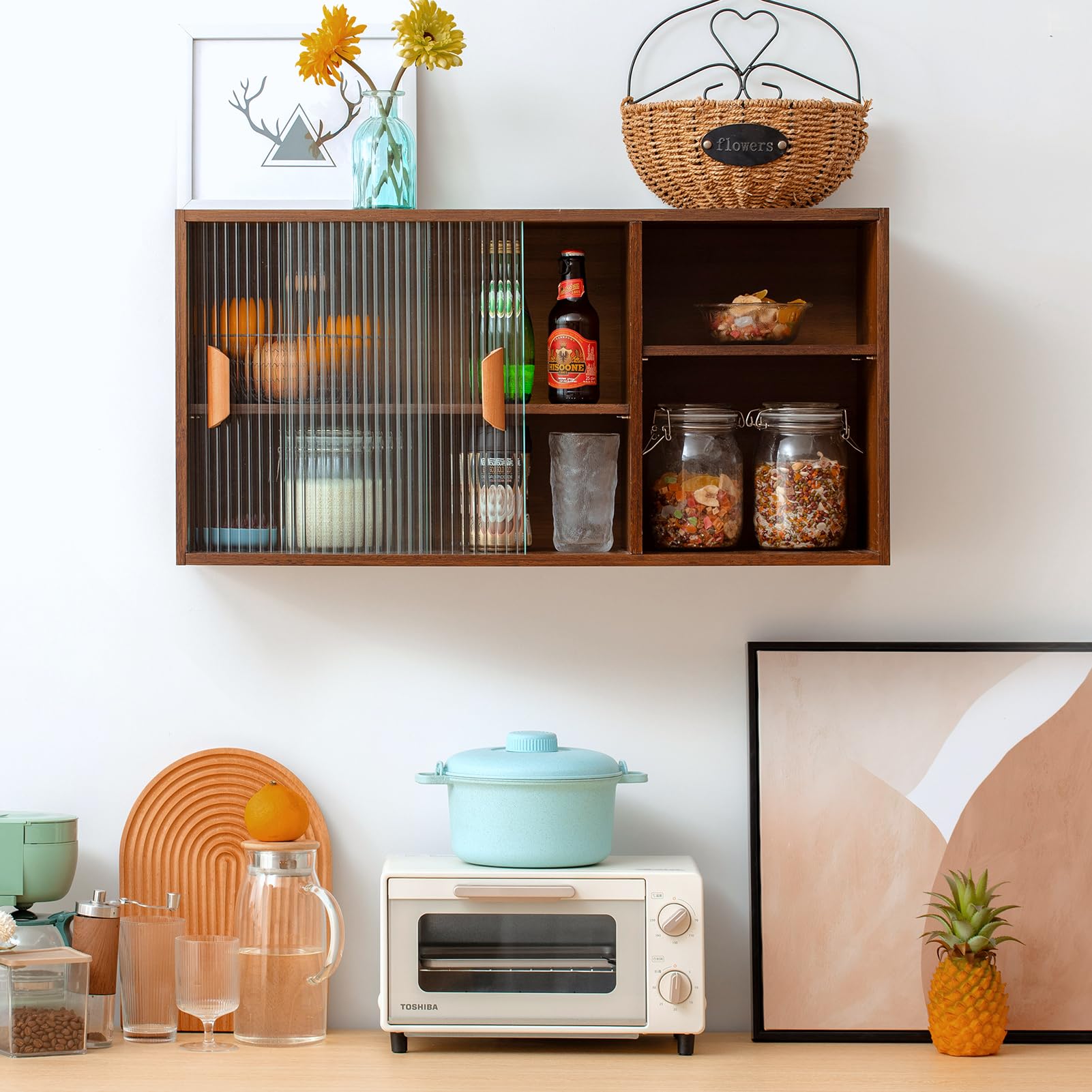 HollyHOME Bamboo Wall Mounted Kitchen Sideboard - 2 Sliding Glass Doors, Freestanding Storage Cabinet with Side Shelf for Bottles, Dishes & Bowls - Walnut Console Dining Cupboard for Small Spaces, Apartments & Modern Kitchens