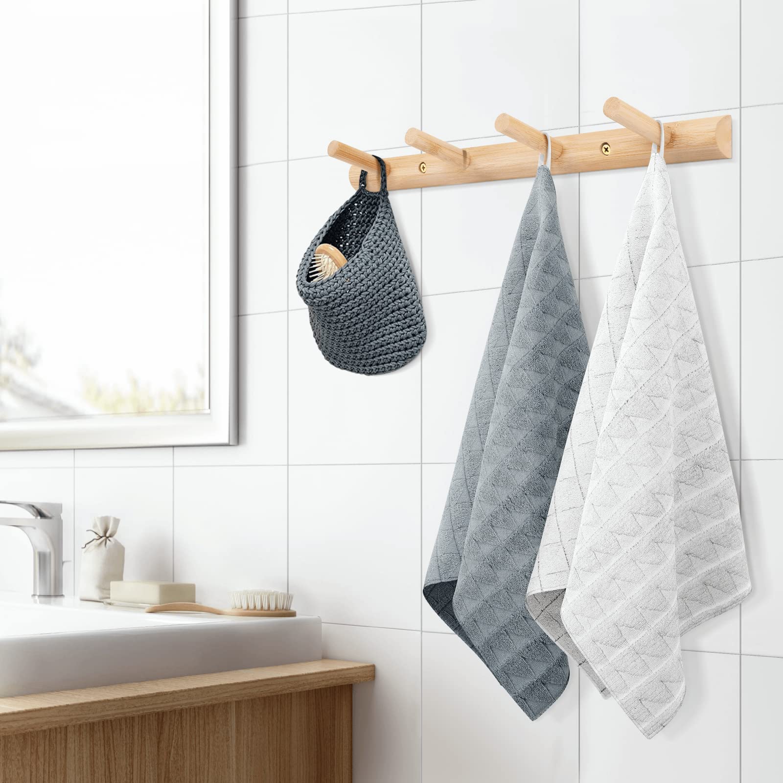 Modern Bamboo Coat Hooks - Wall Mounted Entryway Organizer with 4 Hanging Pegs for Jackets, Hats & Towels - Natural Wooden Hanger for Bathroom, Kitchen & Hallway Decor