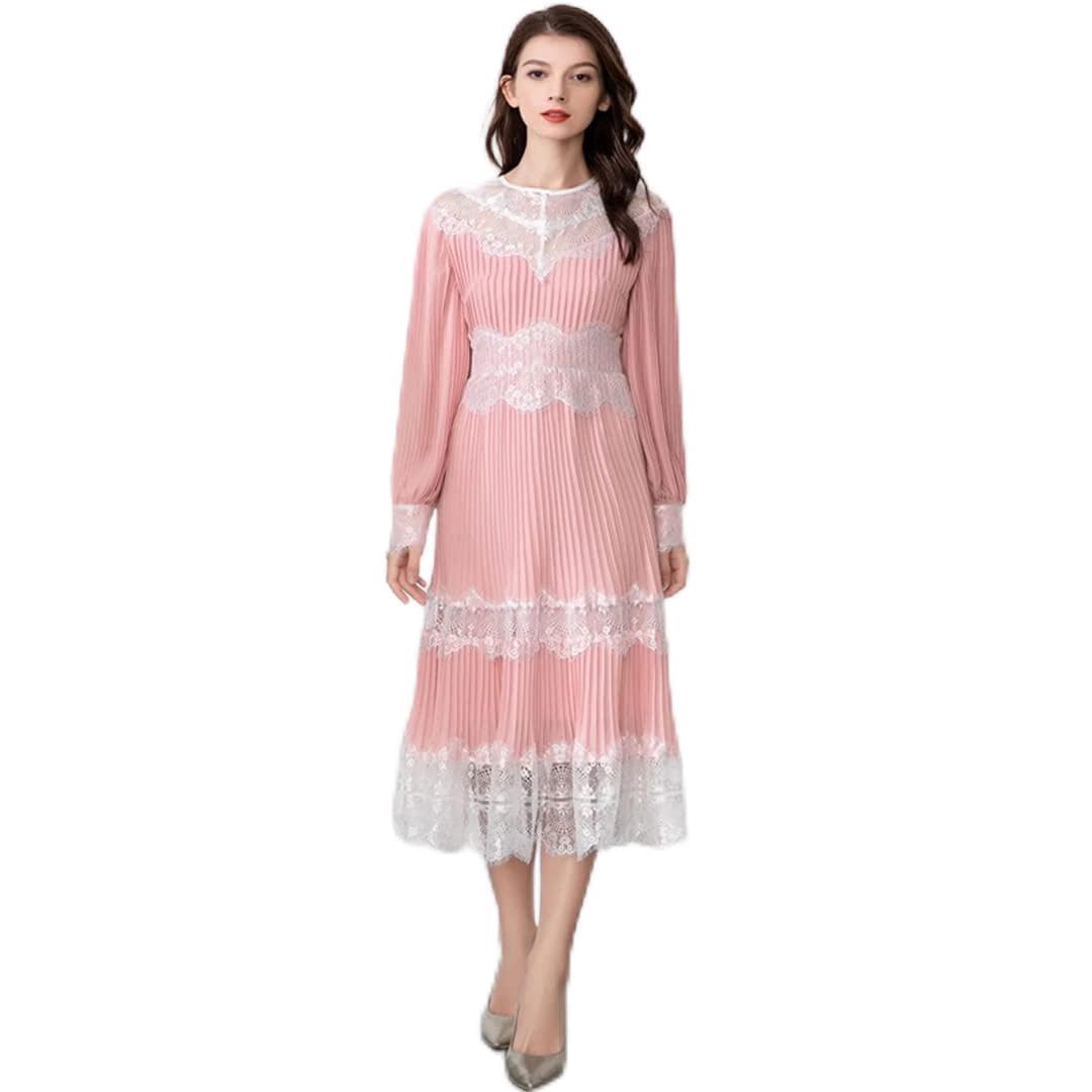 Elegant Women's Pleated Maxi Dress with Lantern Sleeves & Lace Patchwork - Pink & Black Flowy Party Dress for Spring, Fall, Holiday & Special Occasions
