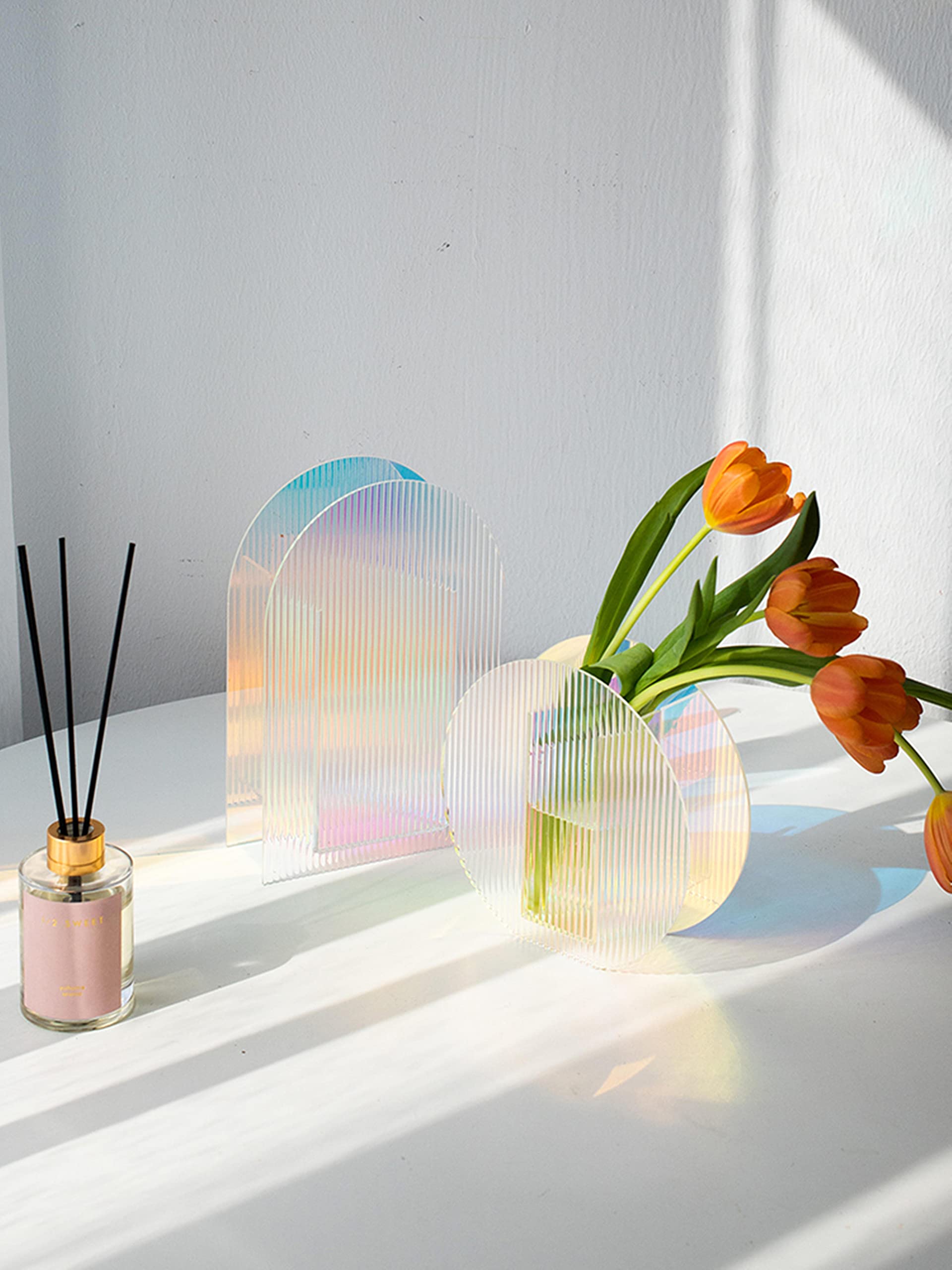 Iridescent Acrylic Ripple Vase - Rainbow Minimalist Artistic Home Decor Vase (Arched Shape) - Perfect for Modern Living Room, Wedding Centerpiece & Office Desk Decor