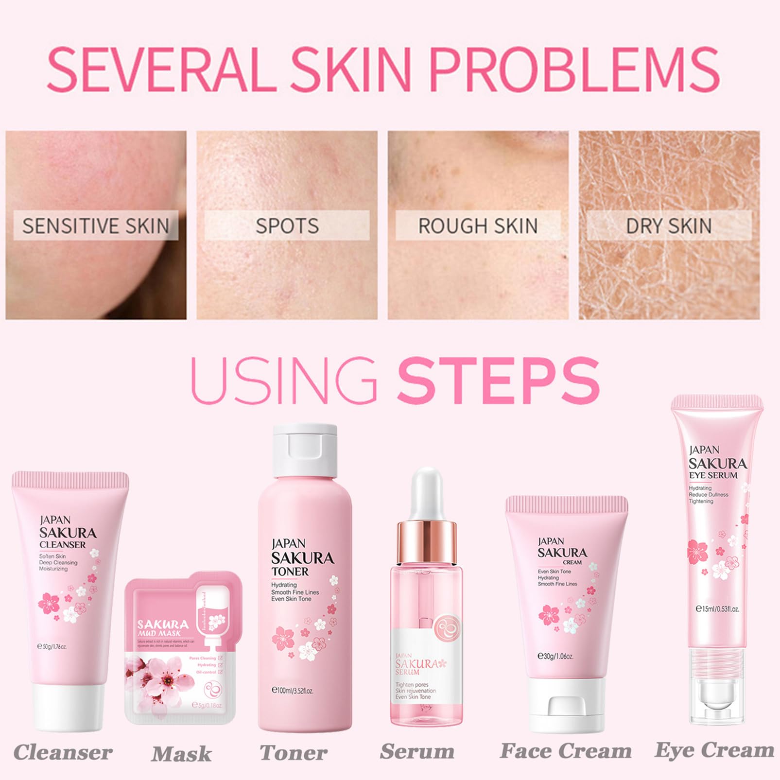 Sakura Women's Skincare Gift Set - Korean Beauty Kit with Cleanser, Serum, Face Cream, Toner, Eye Cream & Mud Mask - Complete Daily Skincare Routine for Dry & Sensitive Skin - Perfect for Hydration & Anti-Aging (Cherry Blossom Scent, One Size)